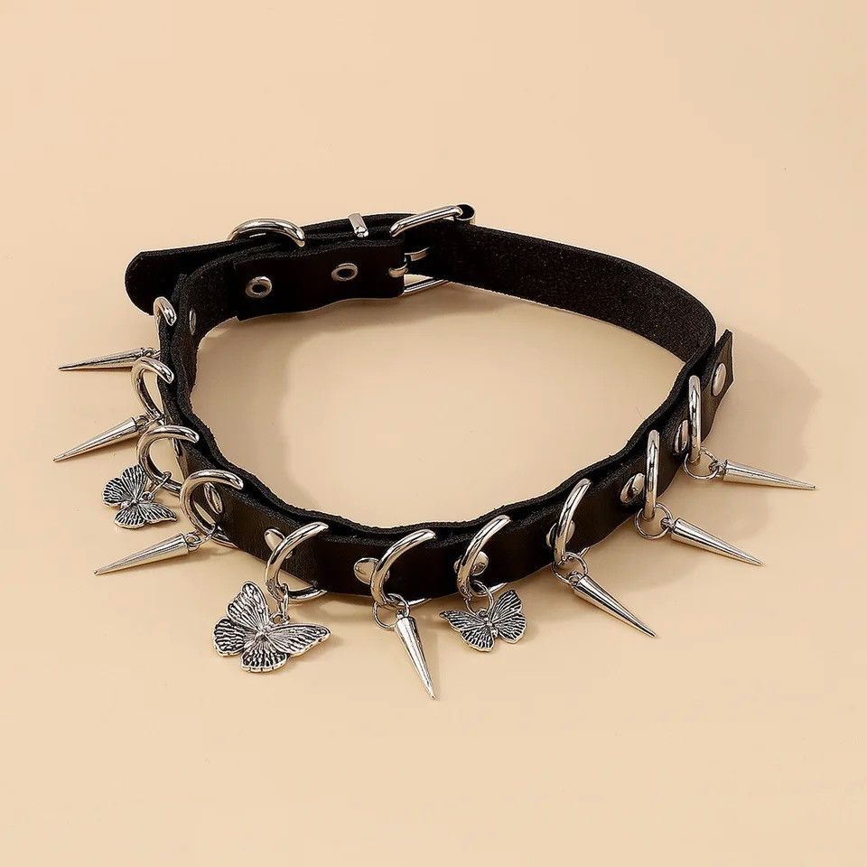 Jewelry Spike Black Leather Butterfly Choker Necklace Jewelry Size ONE SIZE - 2 Thumbnail