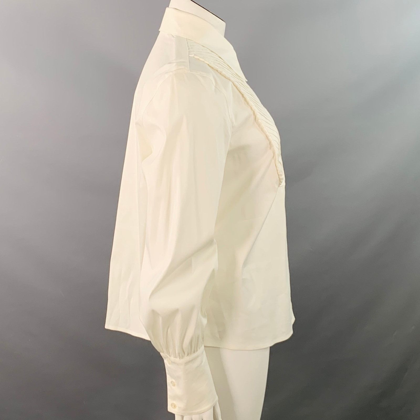Escada ESCADA XL Cream Cotton Blend Pleated Bib Button Up Shirt Size XL / US 12-14 / IT 48-50 - 3 Thumbnail
