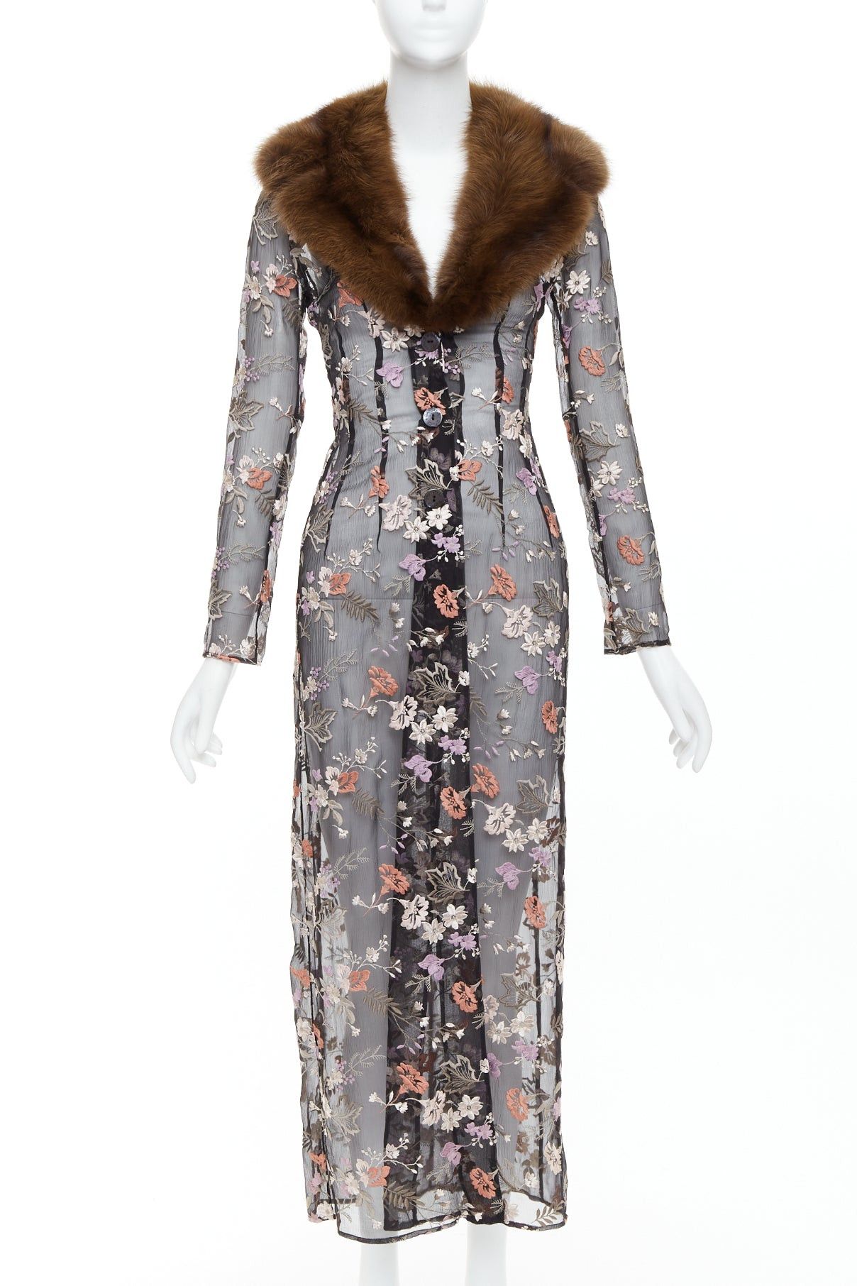 rare DOLCE GABBANA 1997 Vintage Runway fur collar black oriental floral embroidery sheer coat IT38 XS