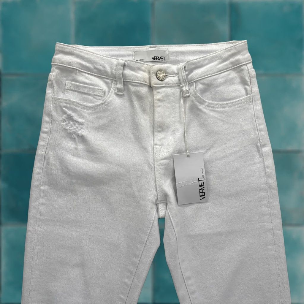 Denime Vervet Skinny Jeans Womens 27 Mid Rise White Distressed Raw Hem Stretch Denim Jeans Women 27in 5-Pocket Art Fringe Vintage No Size 27" / US 4 / IT 40 - 1 Thumbnail