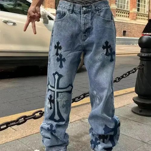 Japanese Brand × Jean Street style retro cross print straight jeans Size US 32 / EU 48 - 2 Thumbnail