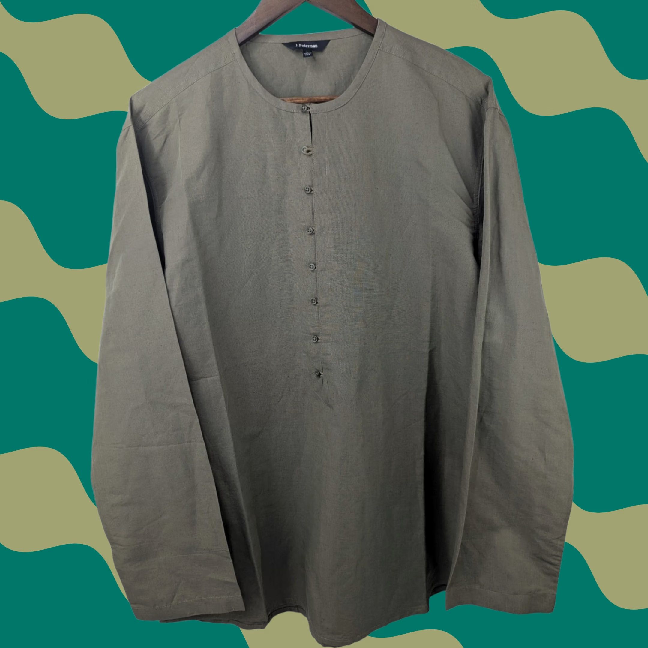 Vintage J. Peterman Shirt Mens Large Grandad Popover Linen Cotton Blend Button Green Button-Up Long Sleeve Casual Vintage: No Size US L / EU 52-54 / 3 - 1 Thumbnail