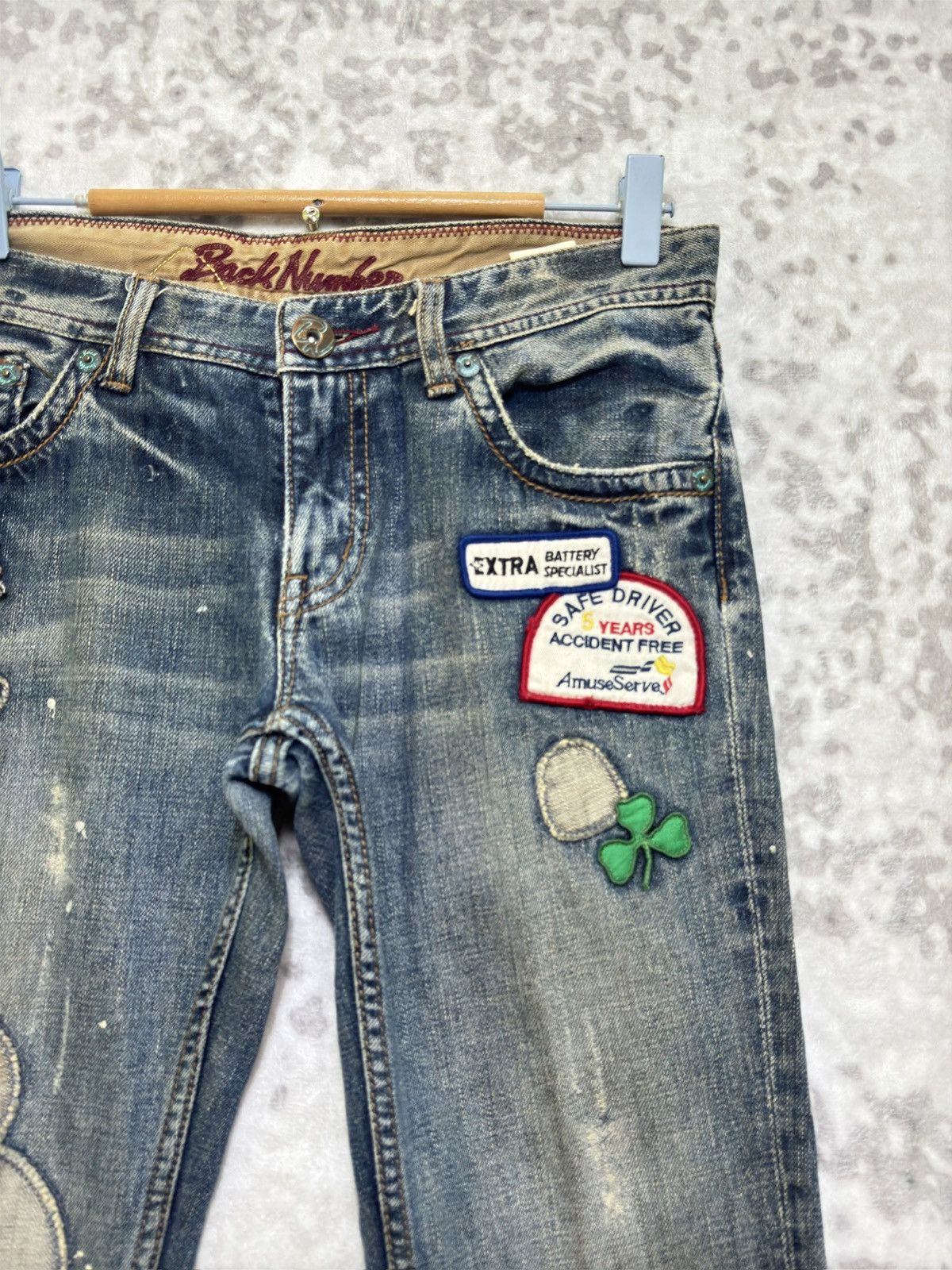 Japanese Brand Vintage BACK NUMBER Flare Distressed Low Raise Patches Denim Size US 29 - 4 Thumbnail