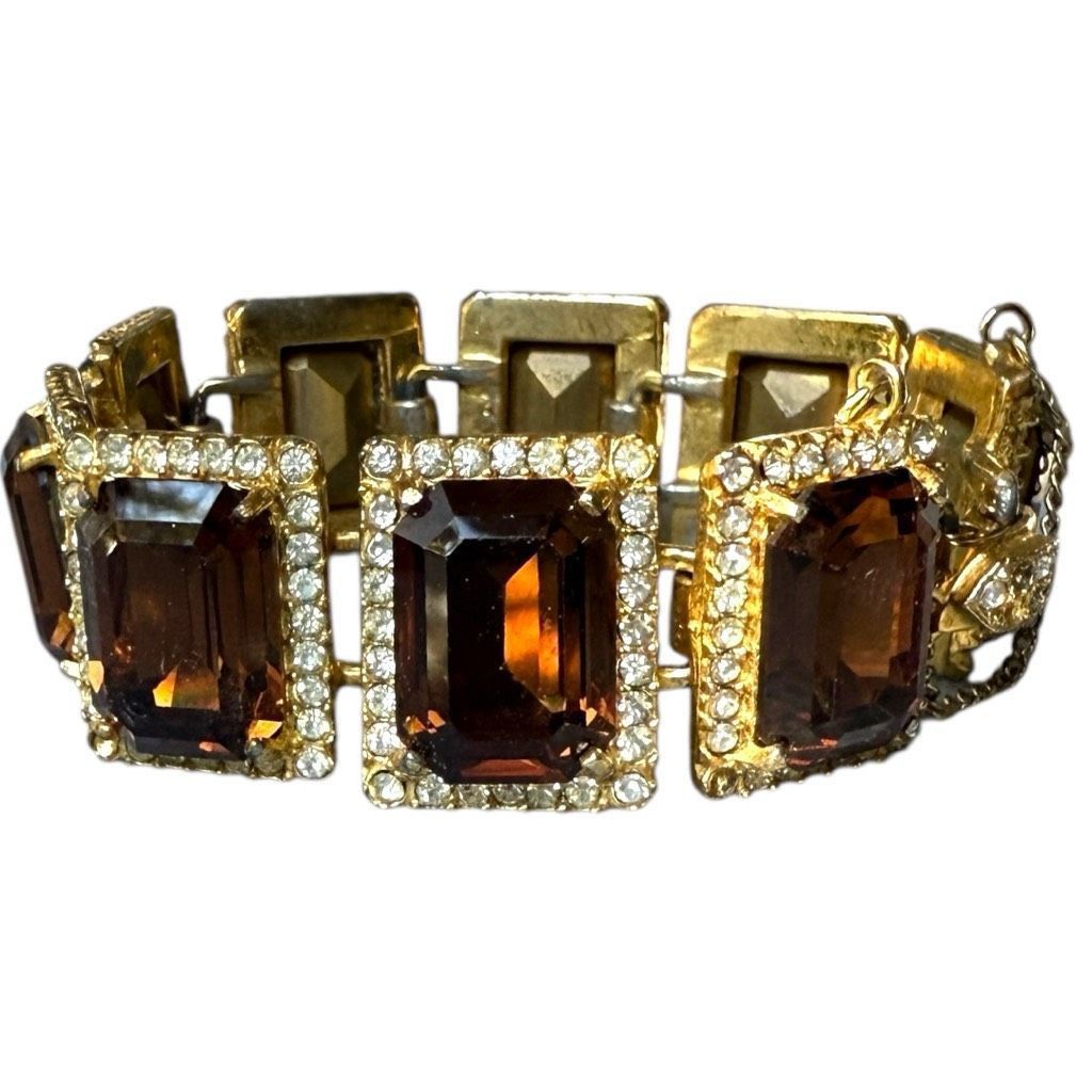 Vintage BELLINI Vintage Signed Gold Tone Rhinestone Emerald Cut Brow Size ONE SIZE - 2 Thumbnail