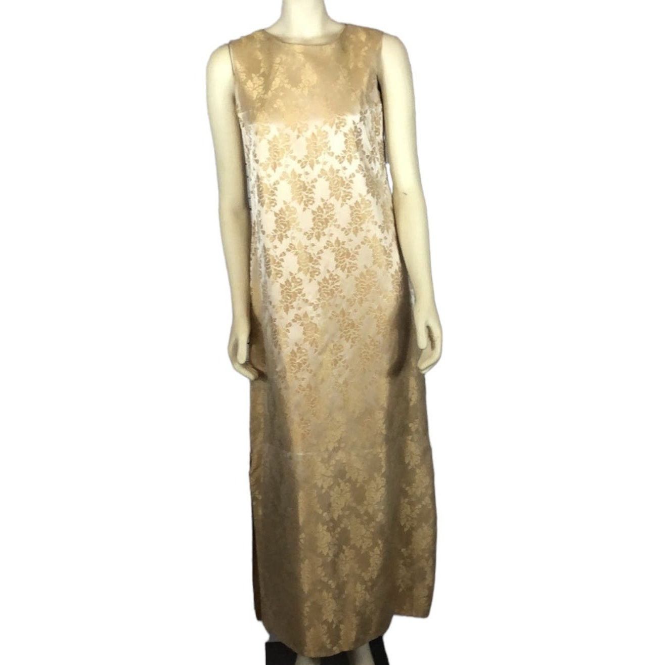 Vintage Vintage 1960s Gold Satin Damask sleeveless maxi Dress Large Size L / US 10 / IT 46 - 3 Thumbnail