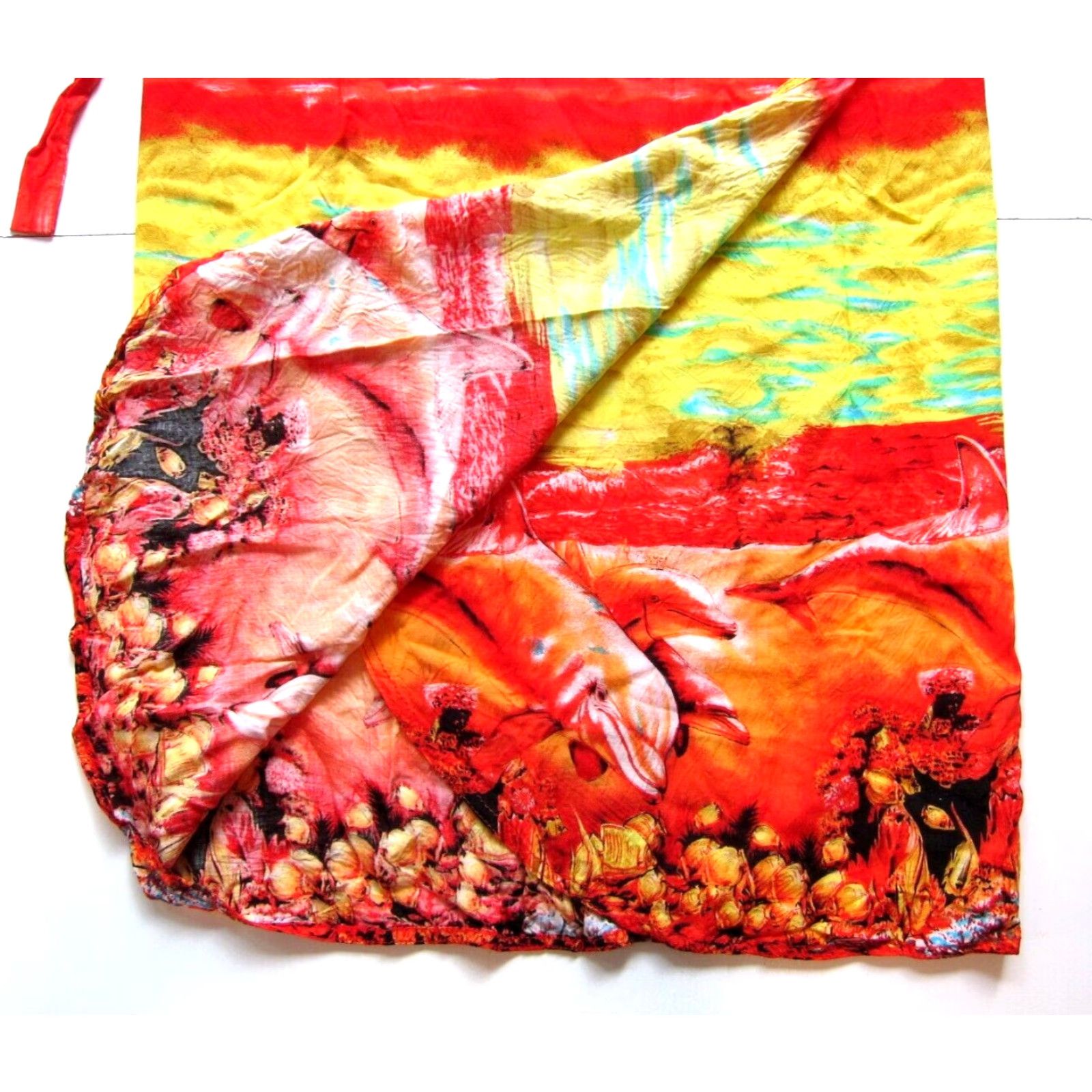 Vintage VINTAGE 100% Rayon Red Yellow Orange Dolphin Long Maxi Wrap Skirt M-L Size 32" / US 10 / IT 46 - 4 Thumbnail