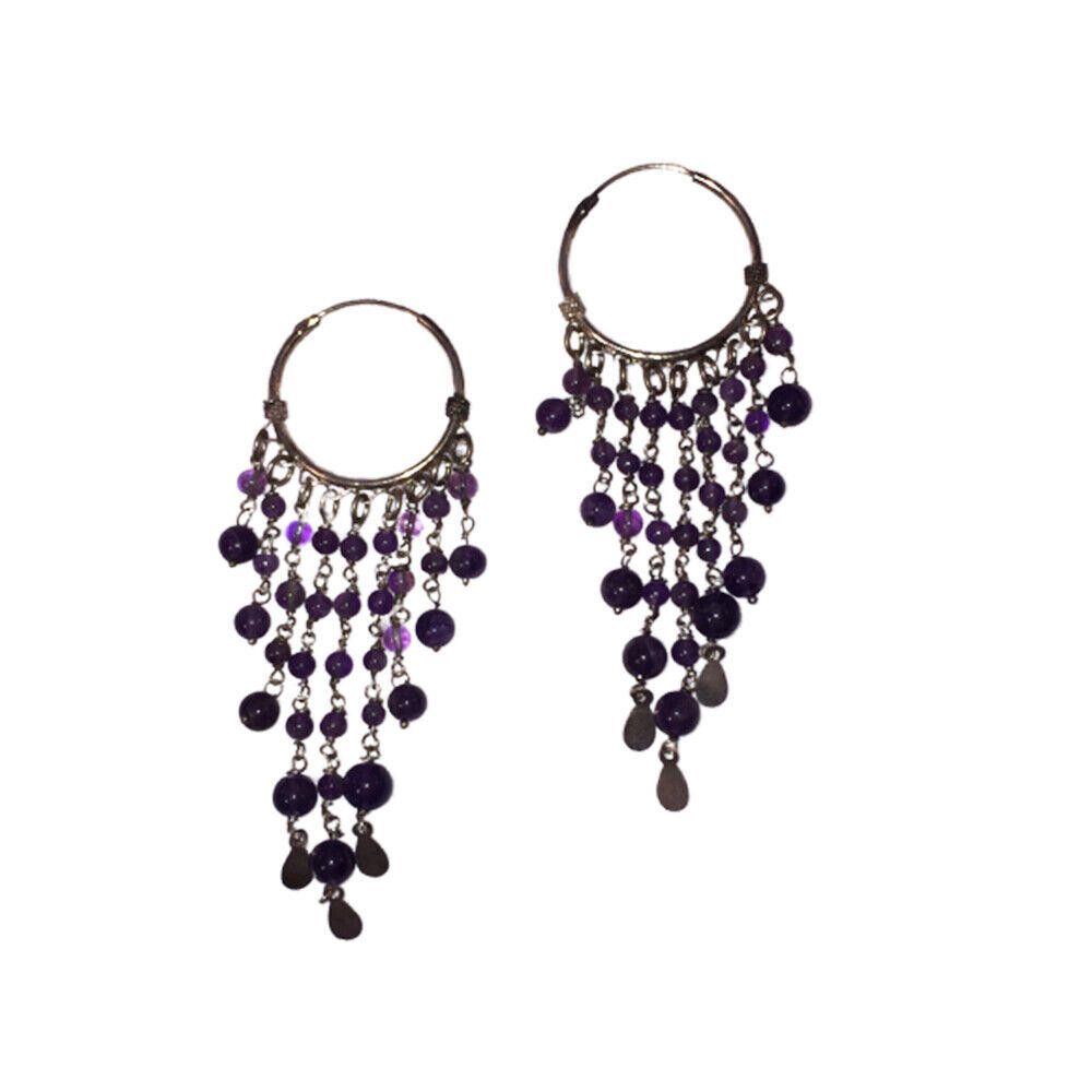 Handmade Sterling Silver Amethyst Bead Dangle Hoop Earrings Size ONE SIZE - 4 Thumbnail