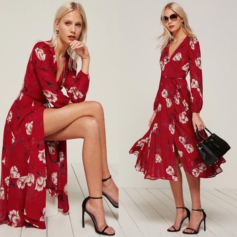 image of Reformation Ashley Dress Shoshana Red Floral Midi Wrap, Women's (Size XS)