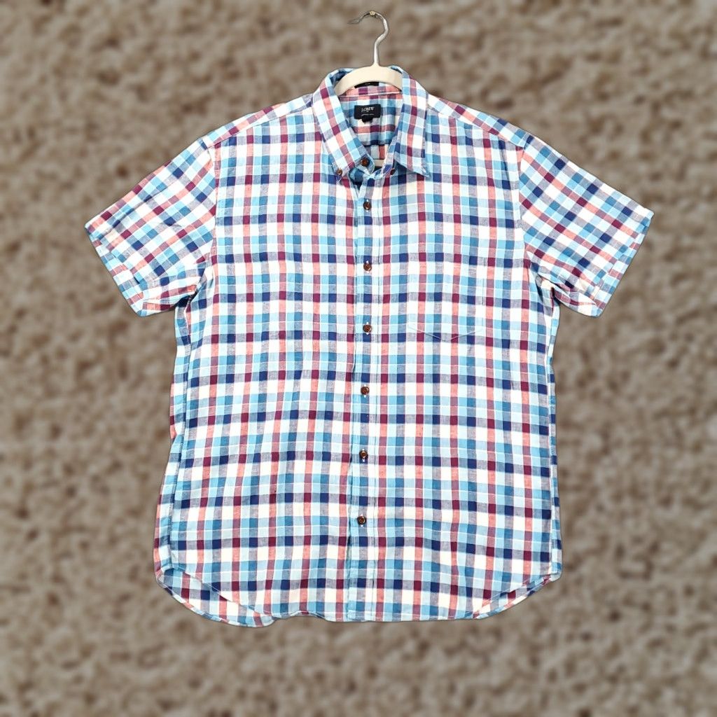 J.Crew J.CREW Shirt Adult Large Multicolor Plaid Linen-Cotton Blend Button-Down Slim Fit Mens Classic Preppy Size US L / EU 52-54 / 3 - 1 Thumbnail