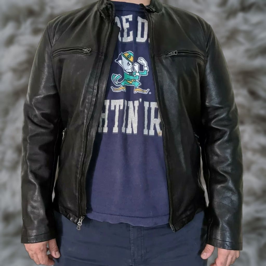 VINTAGE Banana Republic Leather Safari Jacket Die Hard Moto Bruce Willis Mens Large Jacket Leather Black Zip Cuffs 1990sstyle