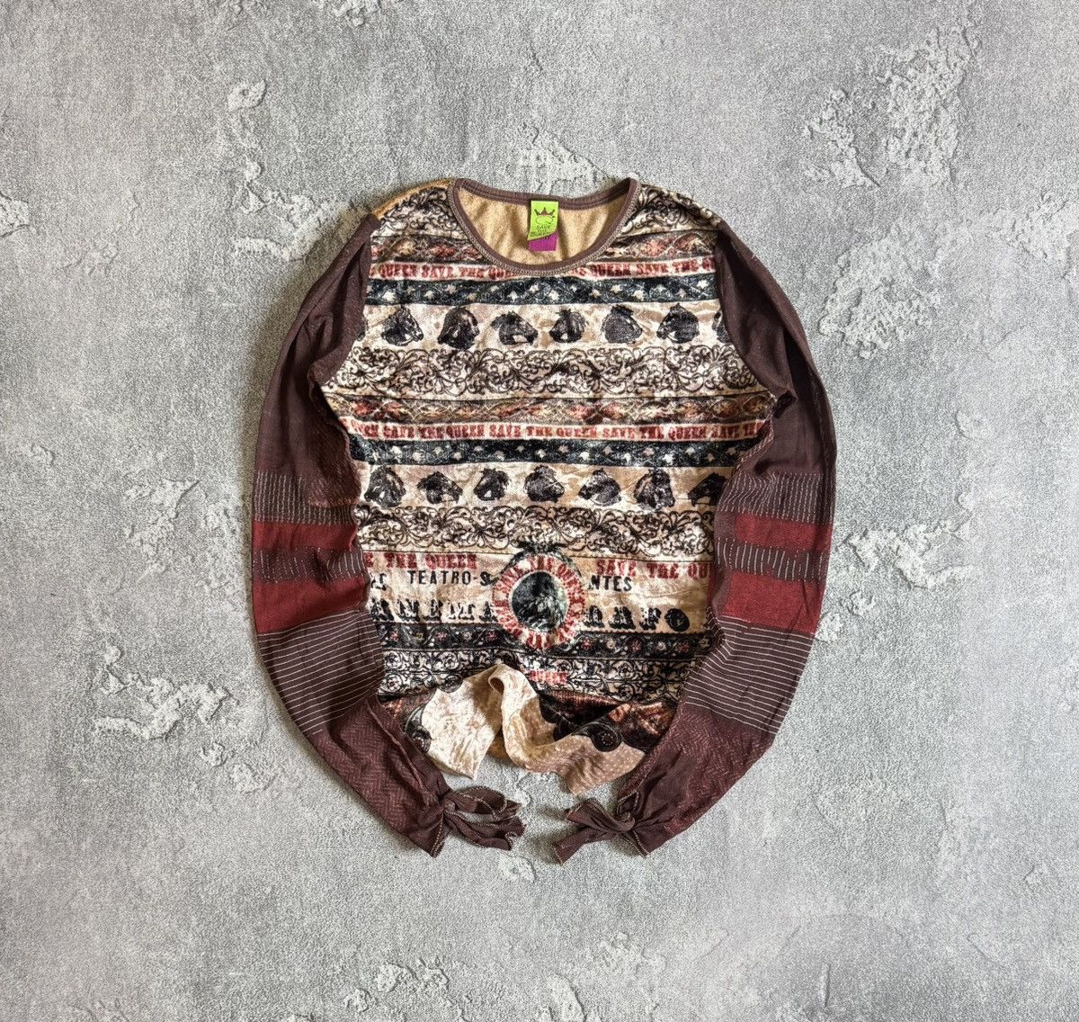 Save the Queen M circus tattoo printed mesh long sleeve top