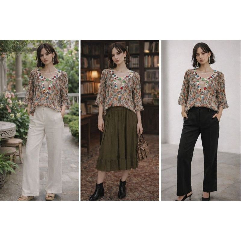 Nanette Lepore Nanette Lepore Silk Blouse 4 Embellished Floral Silk, Boho C Size S / US 4 / IT 40 - 1 Thumbnail