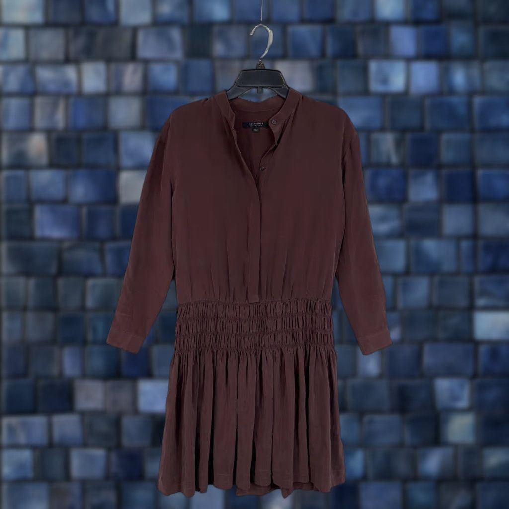 Allsaints AllSaints Dress Shirt Womens 4 Red Burgundy Silk Smocked Mini Button Front Collared Long Sleeve Casual Party/Cocktail Size S / US 4 / IT 40 - 1 Thumbnail