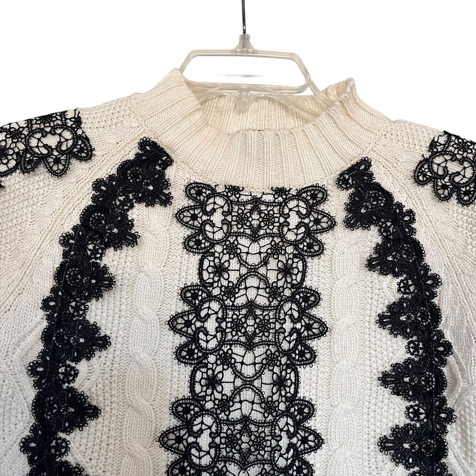 Pinko Pinko Cream Black Lace Cable Knit Mock Neck Sweater Size XS / US 0-2 / IT 36-38 - 2 Thumbnail