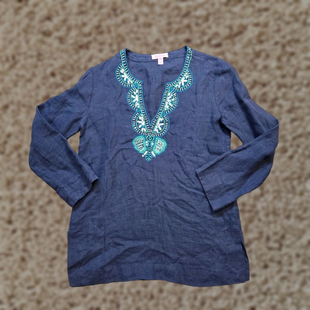 Lilly Pulitzer Lilly Pulitzer Top Womens XXS Blue Linen Beaded Shirt Preppy Beachy V-Neck Pullover Casual Long Sleeve Size XXS / US 00 / IT 34 - 1 Thumbnail
