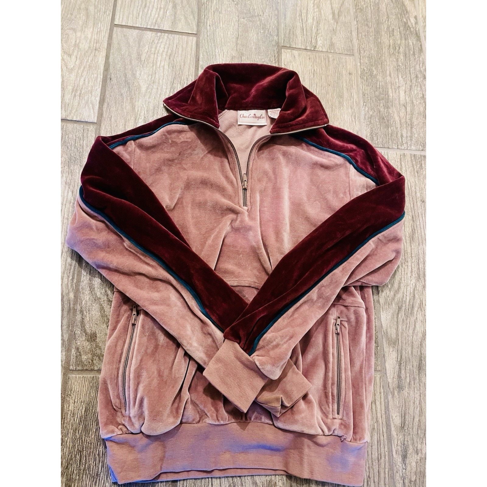 Vintage Vintage 70s Velvet Tracksuit Zip Jacket Mauve Maroon Green Size M / US 6-8 / IT 42-44 - 2 Thumbnail