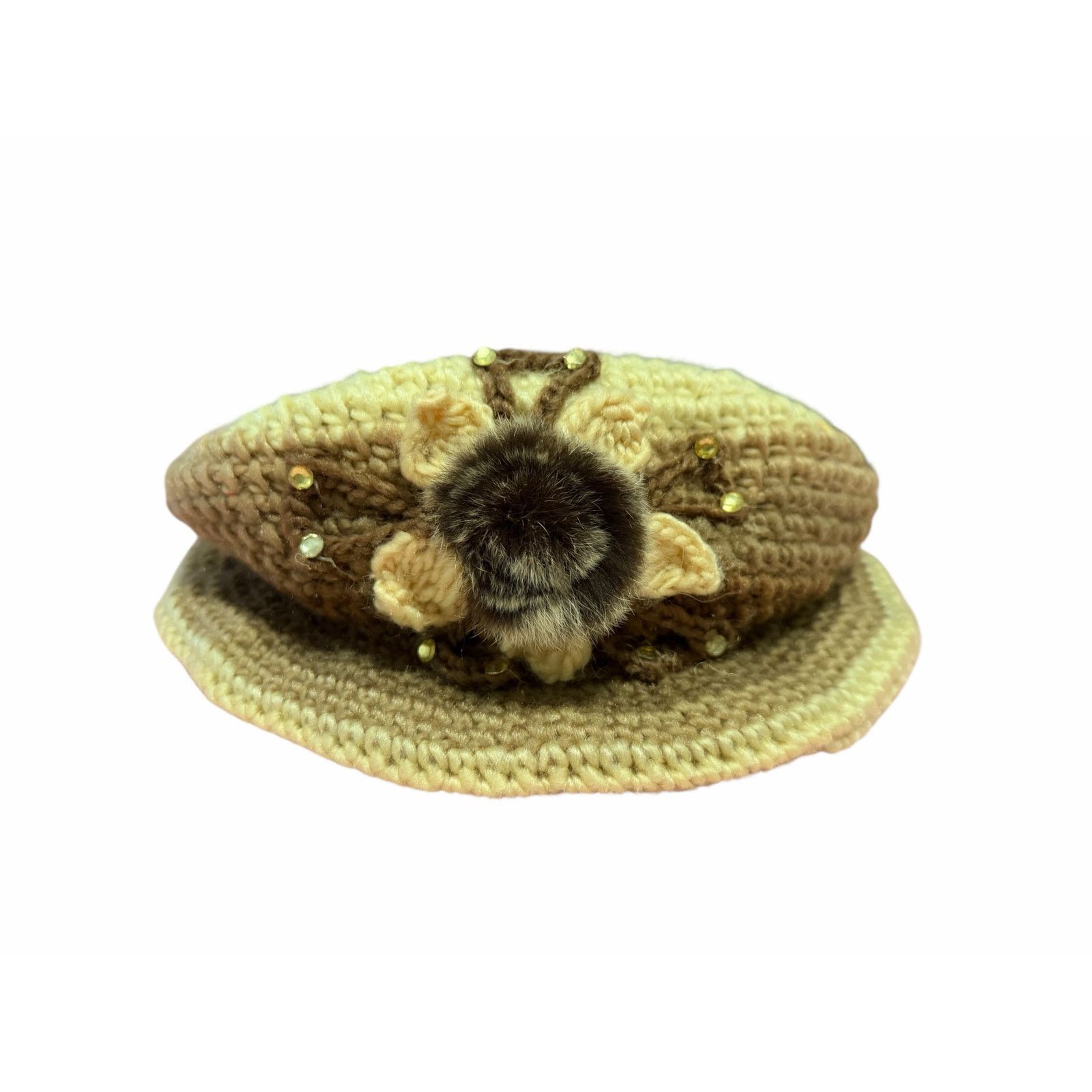 Other Women's Brown Cream Crocheted Flower Embellish Circle Hat Size ONE SIZE - 1 Thumbnail