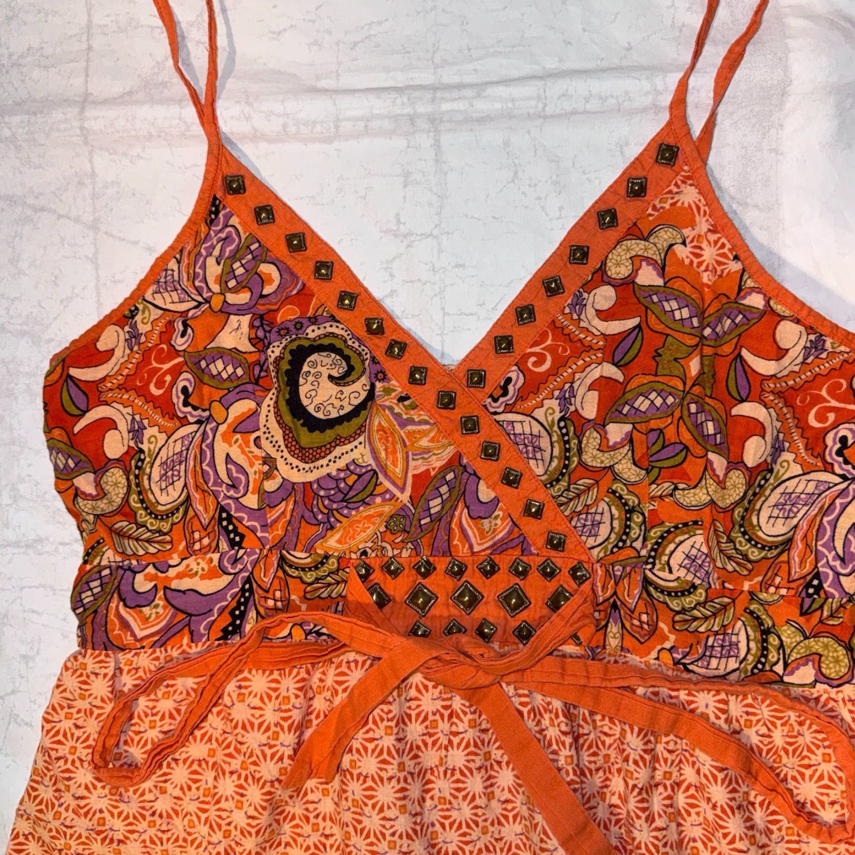 Vintage Magic Dress 1X Orange Paisley Sun Dress Studded Sphagetti Strap Front Tie Summer Size XL / US 12-14 / IT 48-50 - 2 Thumbnail