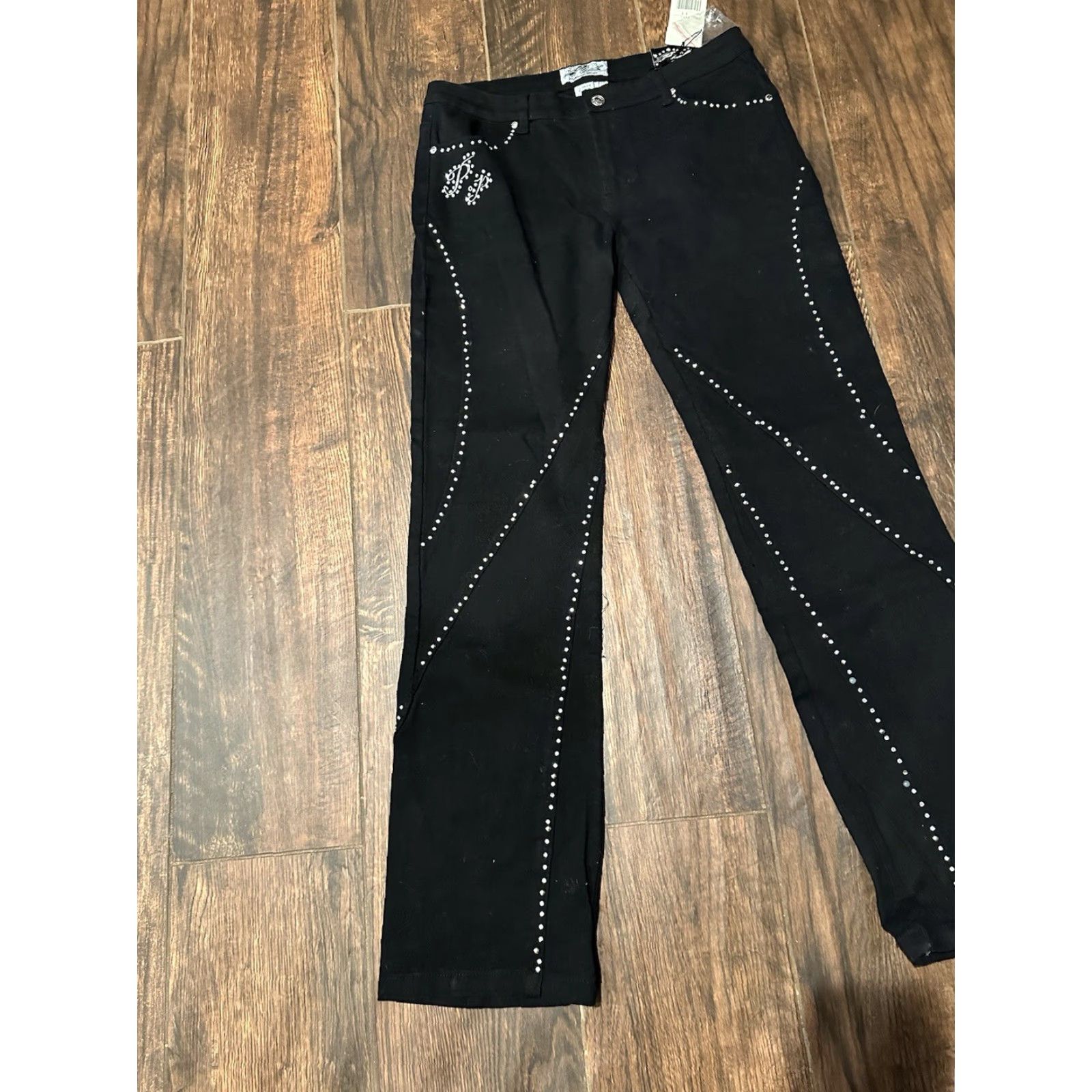 Vintage NWT Platinum Plush Jeans Womens Size 11 Bedazzled Rhinestone Logo Black Y2K Jeans Womens Size 11 Black Rhinestone Logo Platinum Plush Jeans Size 32" / US 10 / IT 46 - 3 Thumbnail