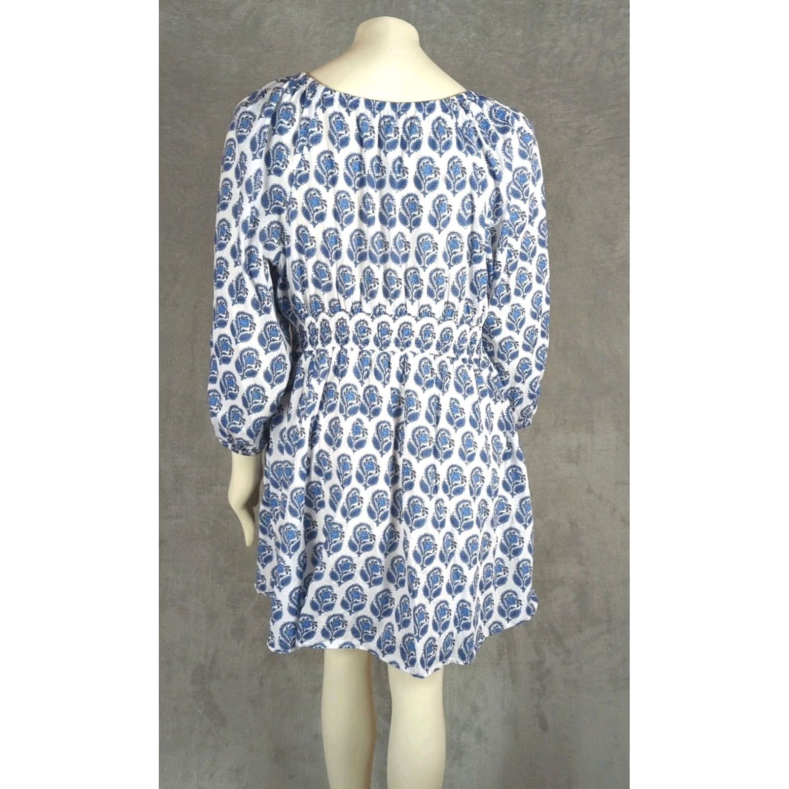 J.Crew J.CREW Mini Dress in Bandana Block Print Floral Blue L Boho Cottage Floral A-Line Short Sleeve Balloon Button V-Neck Casual Women Size L / US 10 / IT 46 - 5 Thumbnail