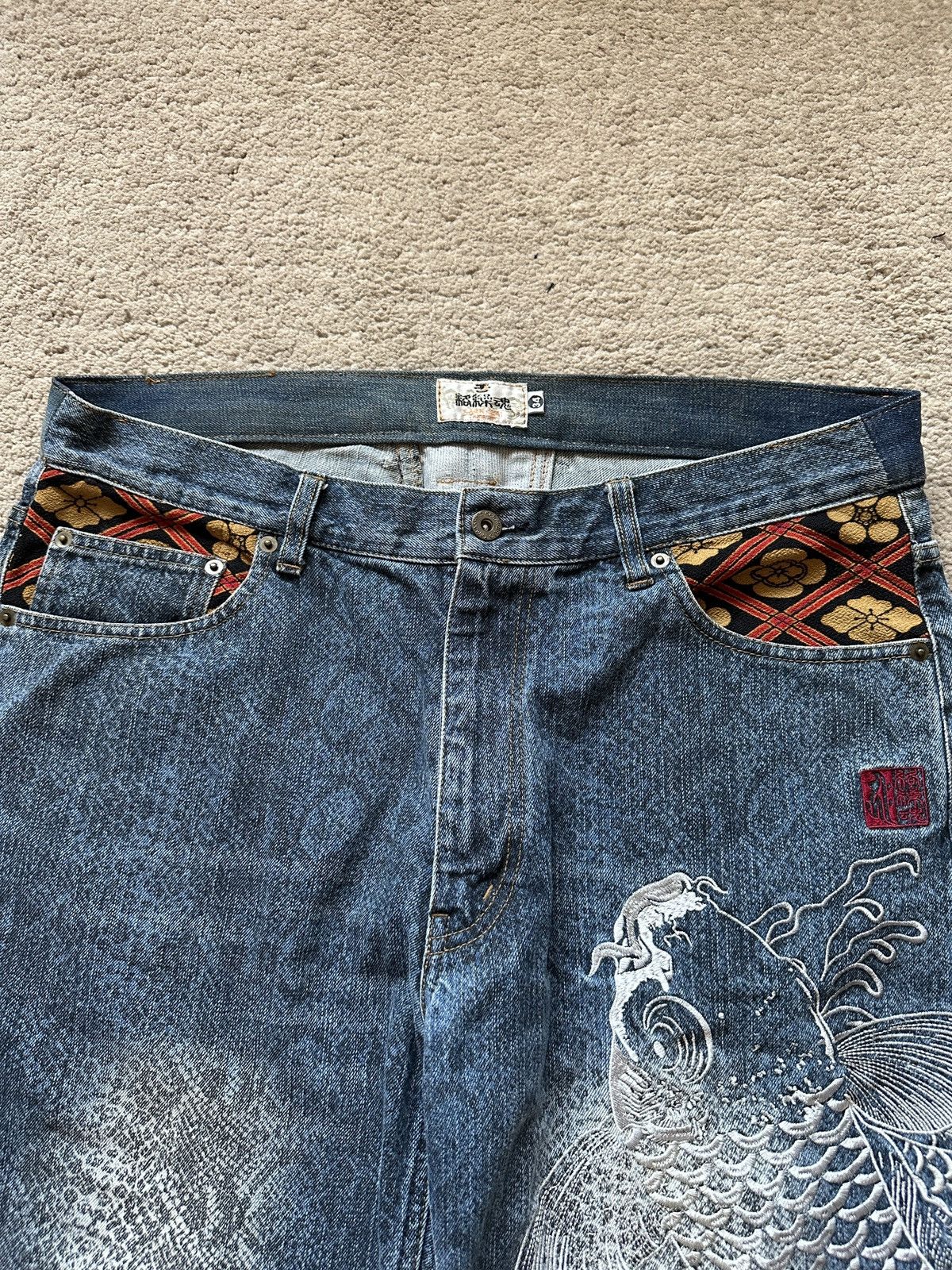 Karakuri Tamashii 1990s Karakuri Tamashi Koi Fish Snake skin Denim Short/Jorts Size US 35 - 6 Thumbnail