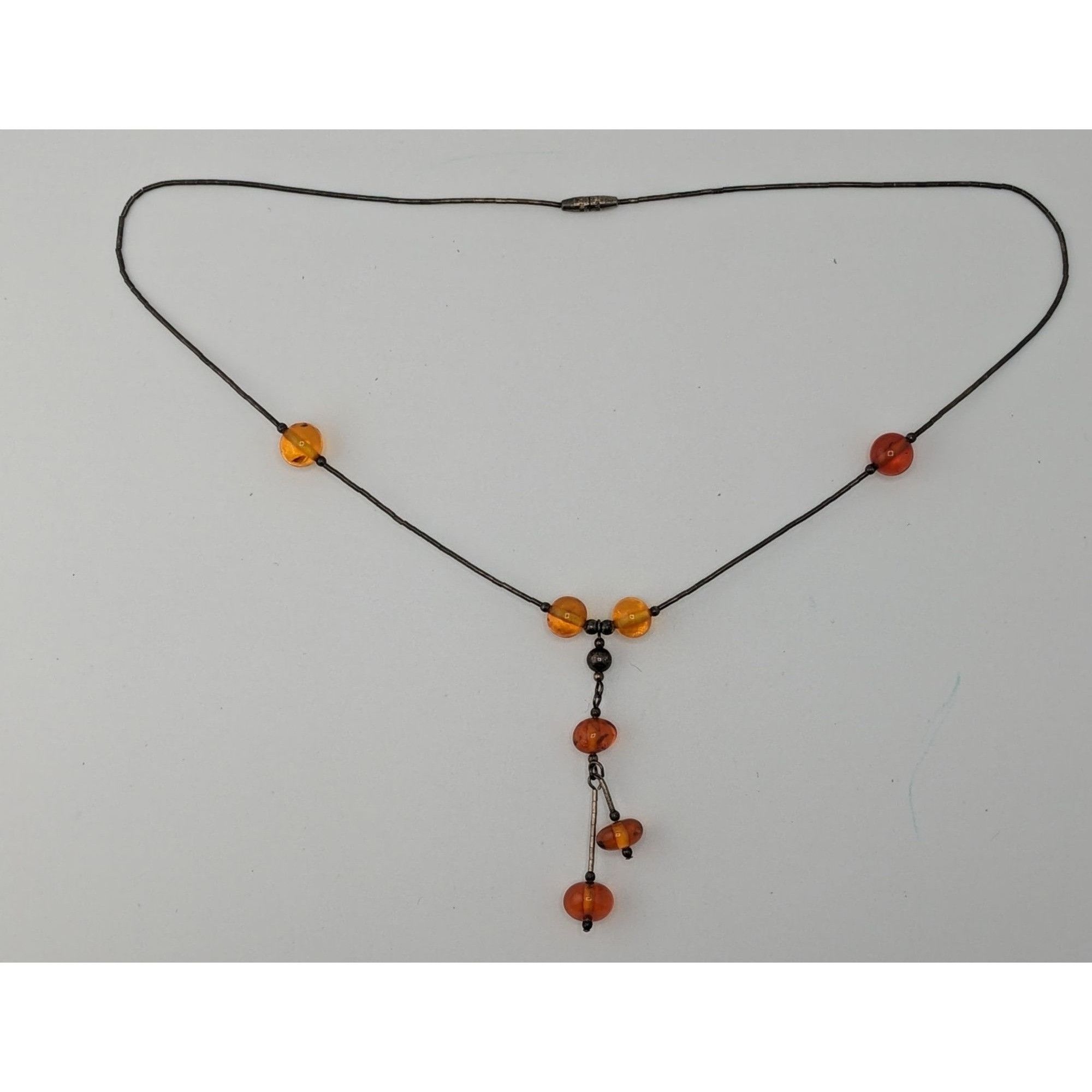 Other Vintage Amber Bead Necklace With Liquid Silver Chain & Drop Size ONE SIZE - 5 Thumbnail