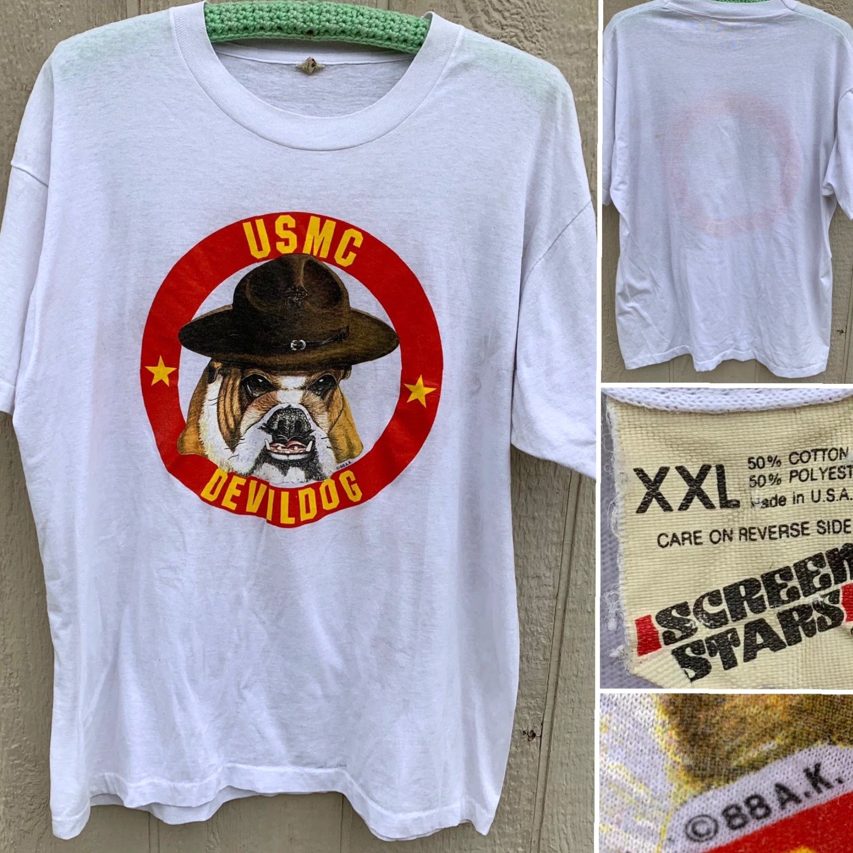 Vintage VINTAGE USMC Devildog t shirt 80s 1980s White Cotton Blend Screen Stars 2XL Mens Graphic Tee Marines Dog 88 AK C 88 A.K. Decade 1980s 1980s Size US XXL / EU 58 / 5 - 2 Thumbnail