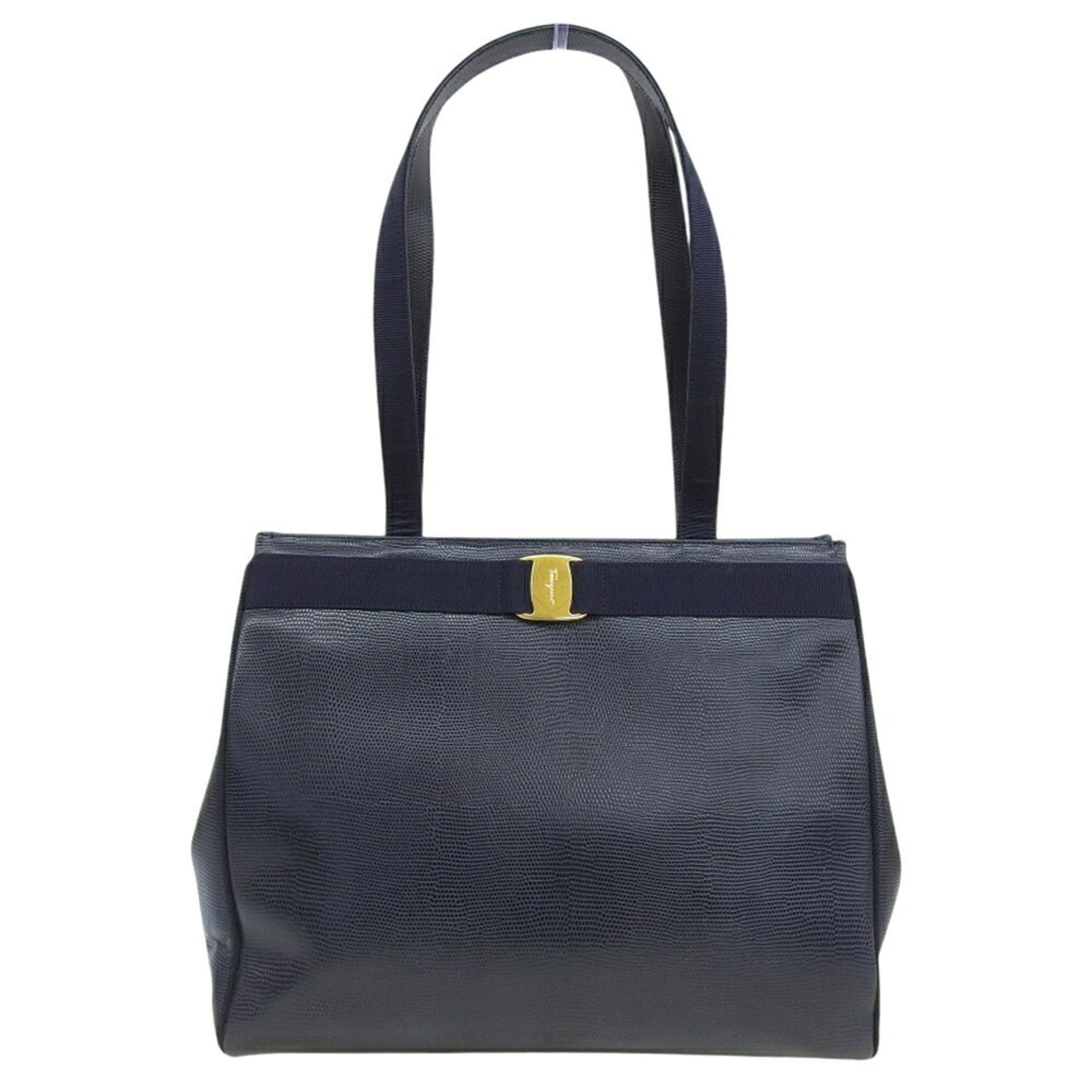 Salvatore Ferragamo Salvatore Ferragamo Vara Ribbon Tote Bag BK-21 2530 in Navy Leather Size ONE SIZE - 1 Thumbnail