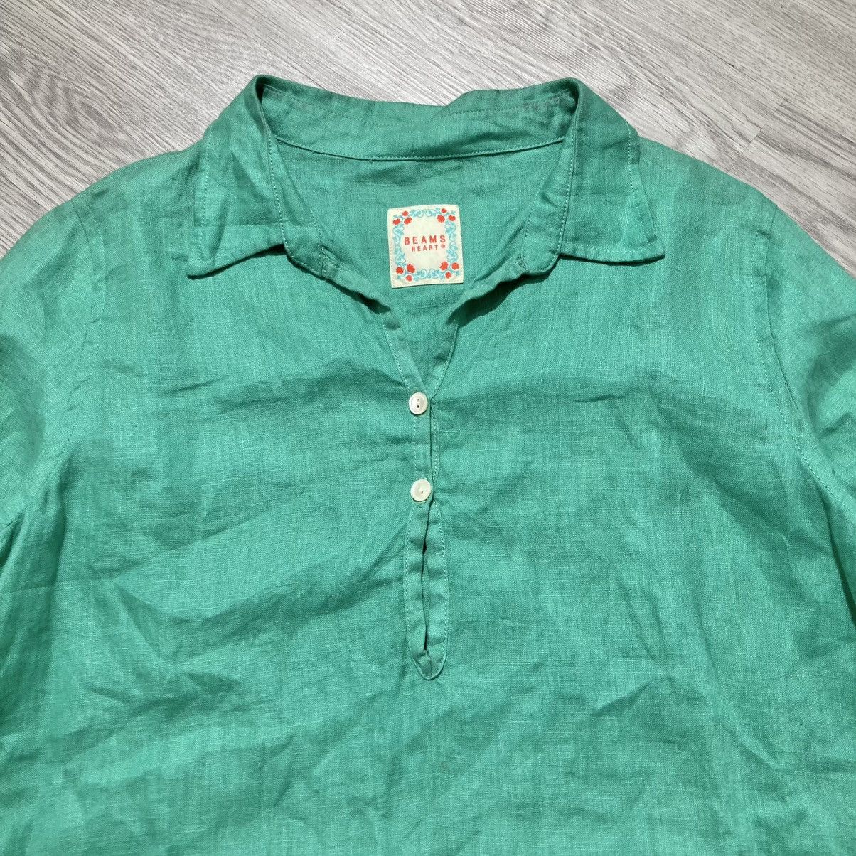 Japanese Brand 2000s Beams Heart Collar Overhead Linen Shirt Green Designer Size M / US 6-8 / IT 42-44 - 3 Thumbnail
