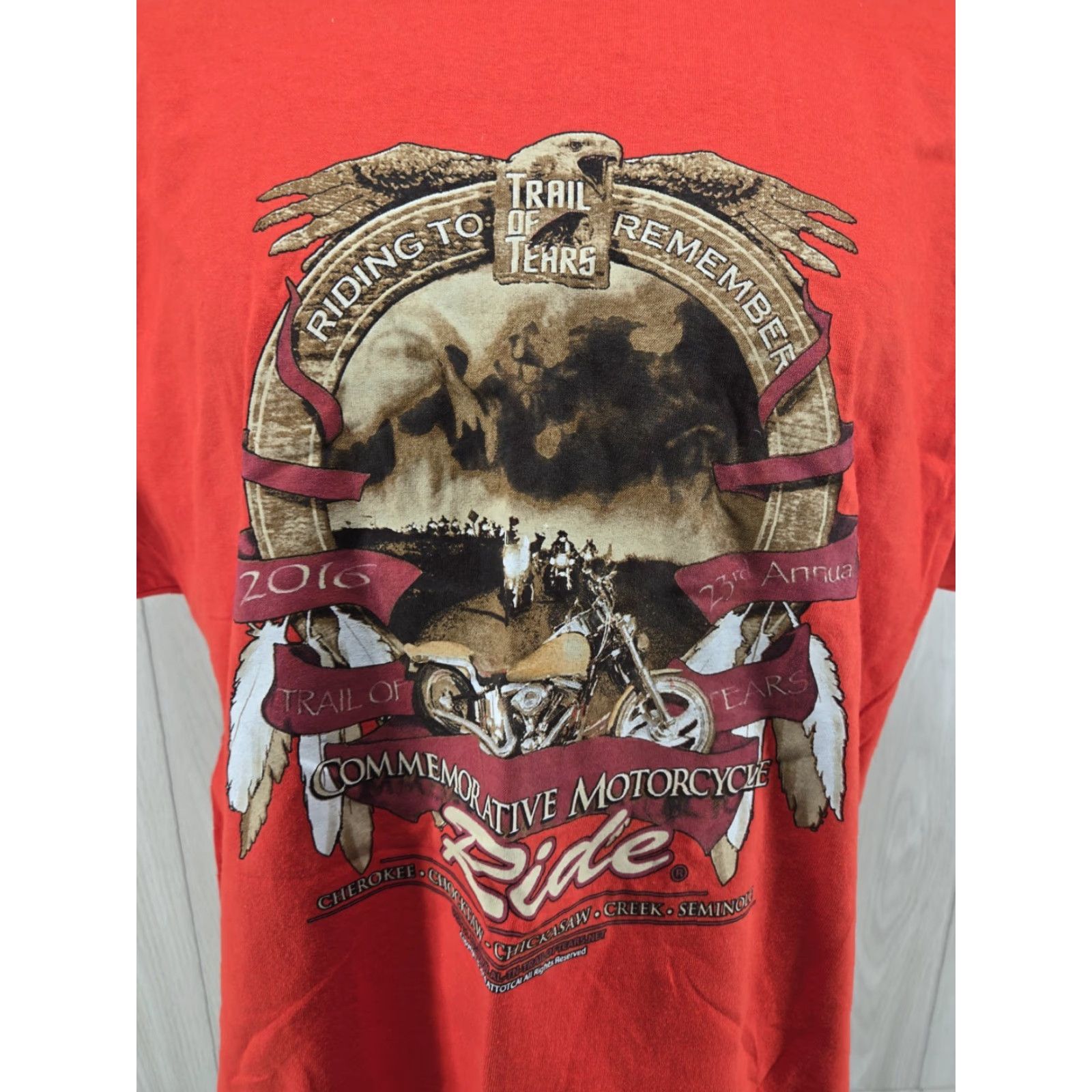 Gildan VINTAGE 2016 23rd Annual Motorcycle Ride Trail of Tears Red Cotton T-shirt XL Men T-Shirt Short Sleeve Crew Neck Graphic Print Gildan Size US XL / EU 56 / 4 - 2 Thumbnail