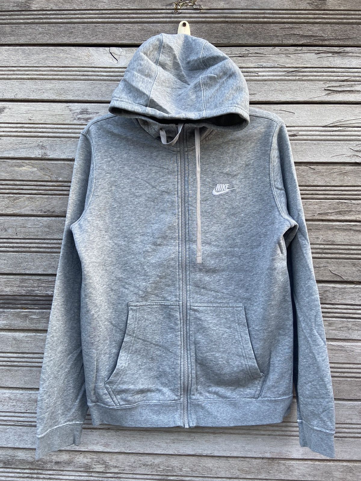 Image of Distressed Nike Small Logo Zipper Hoodies in Grey, Men's