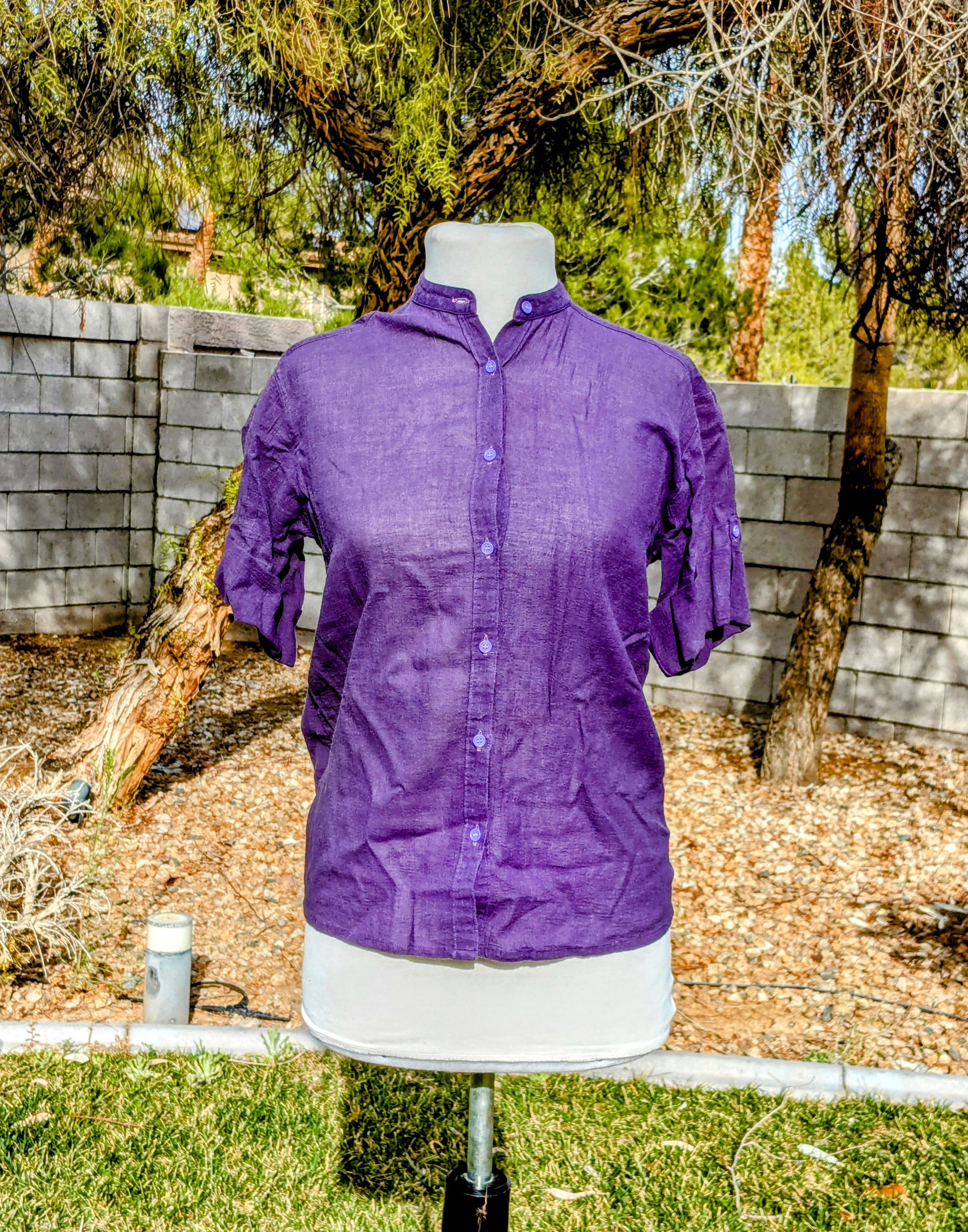 Vintage Breezy Violet 1980s VTG Band Collar Button-Down Shirt Top Size M / US 6-8 / IT 42-44 - 1 Thumbnail