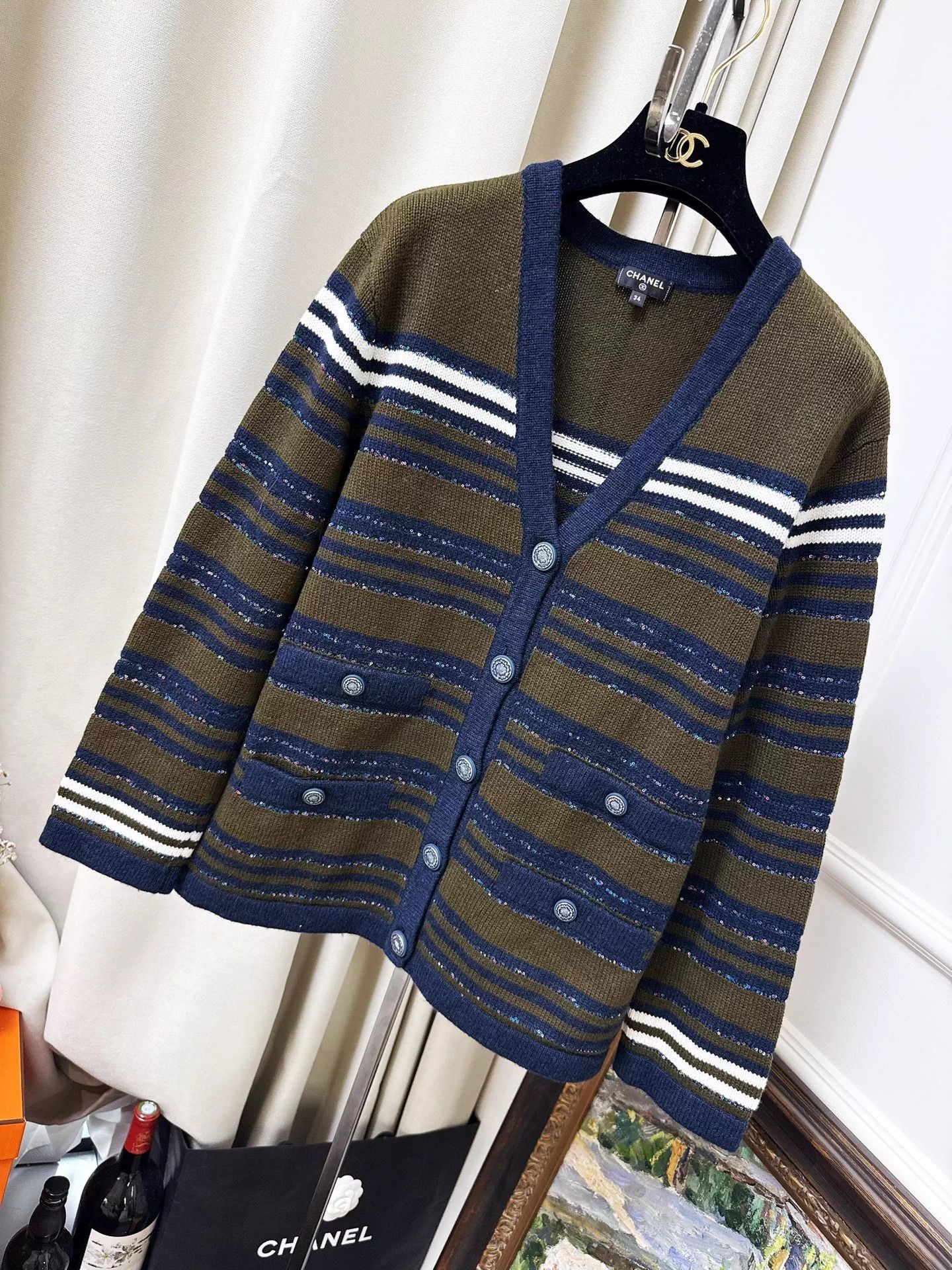 Chanel Chanel 20C Station Teal Sequin Stripe Vneck Knit Jacket 34 Size XS / US 0-2 / IT 36-38 - 1 Thumbnail