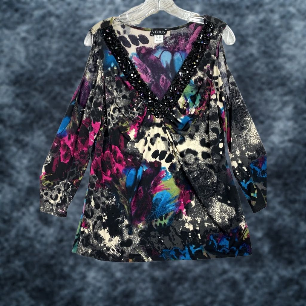 Venus Venus Womens Top L Multicolor Beaded Embroidered Fairy Slit Sleeve V-Neck Jersey Blouse Size L / US 10 / IT 46 - 1 Thumbnail