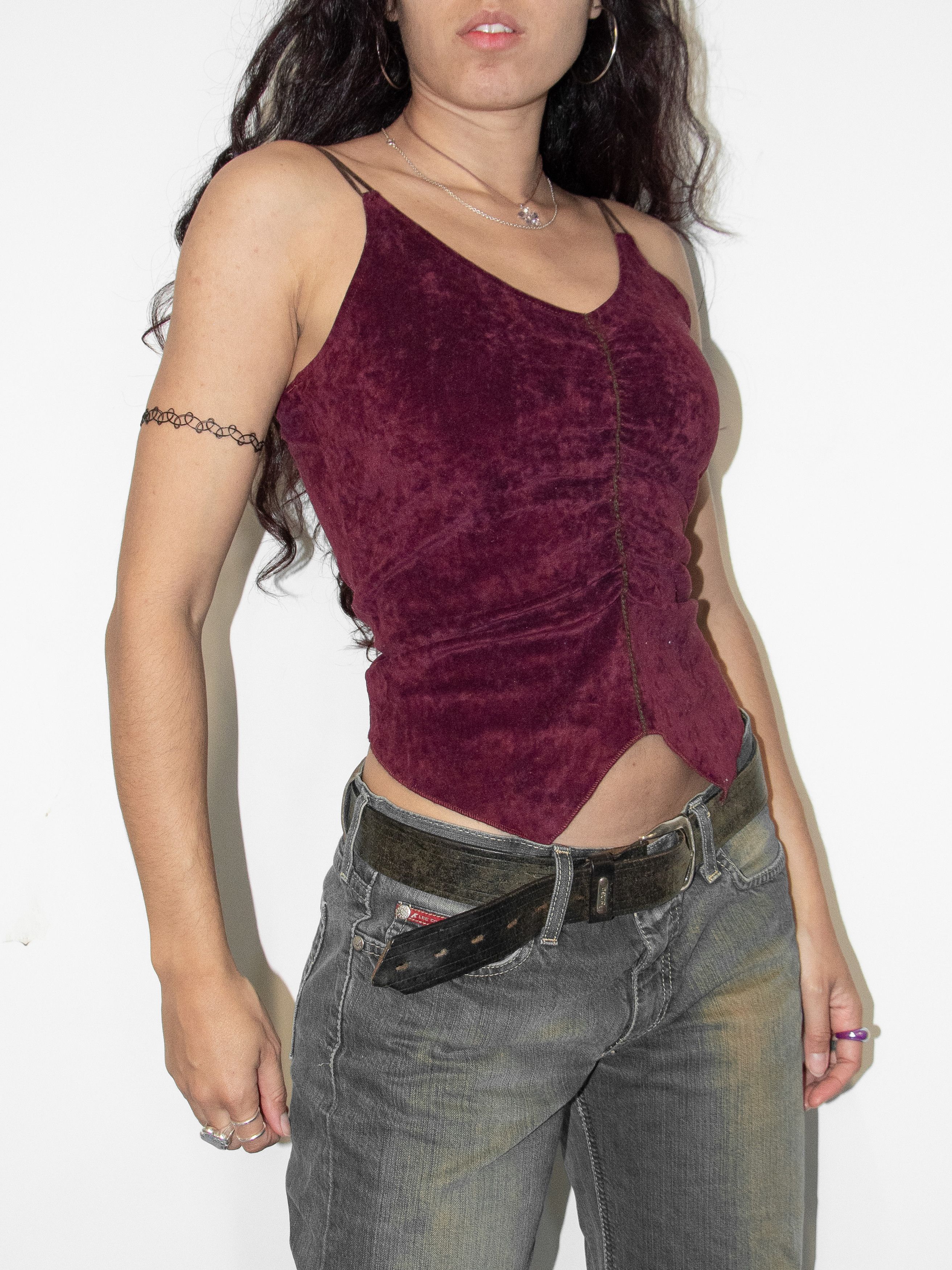Vintage Vintage Y2k Ruched Faux Suede Burgundy Tank Top Size M / US 6-8 / IT 42-44 - 2 Thumbnail