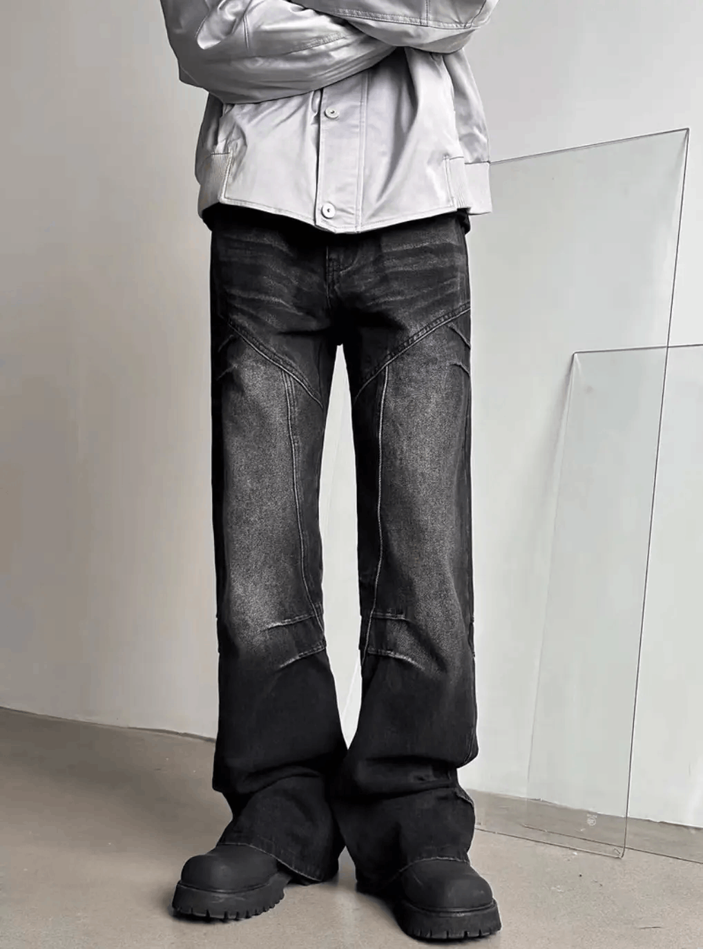Japanese Brand × Jean Street vintage washed black cracked wide leg jeans Size US 34 / EU 50 - 1 Thumbnail