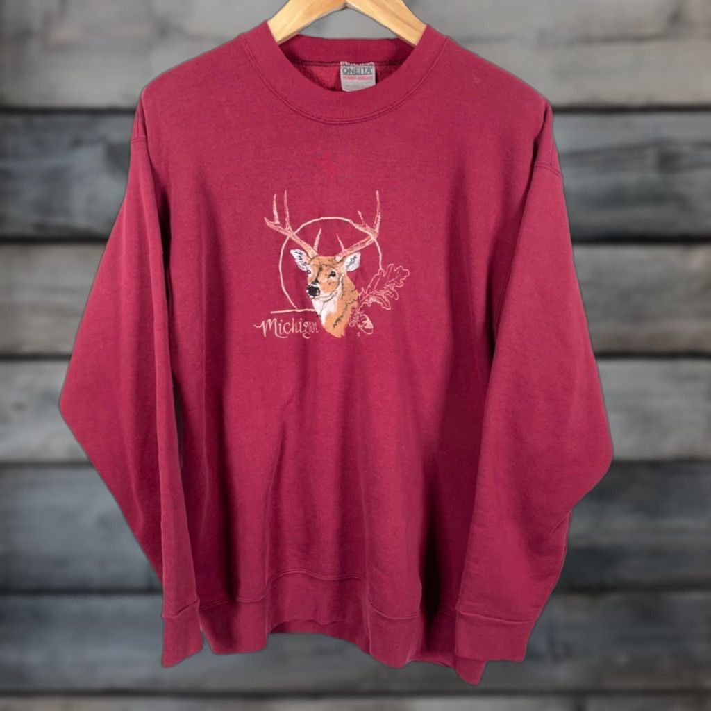 Vintage VINTAGE Oneita Michigan Sweatshirt Men XL Dark Red Embroidered Deer Crewneck Heavyweight Cotton Blend Fleece 90s Size US XL / EU 56 / 4 - 1 Thumbnail