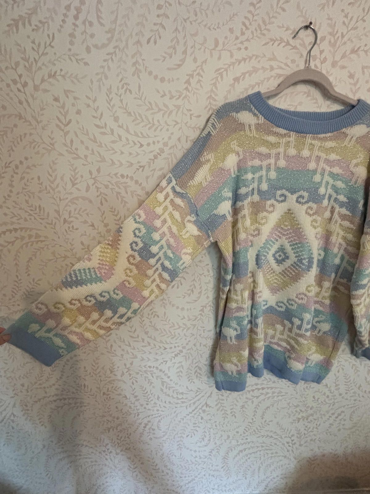 Roberto Cavalli 80's Vintage Pastel Geometric Lurex Rainbow Knit Sweater Size XL / US 12-14 / IT 48-50 - 5 Thumbnail