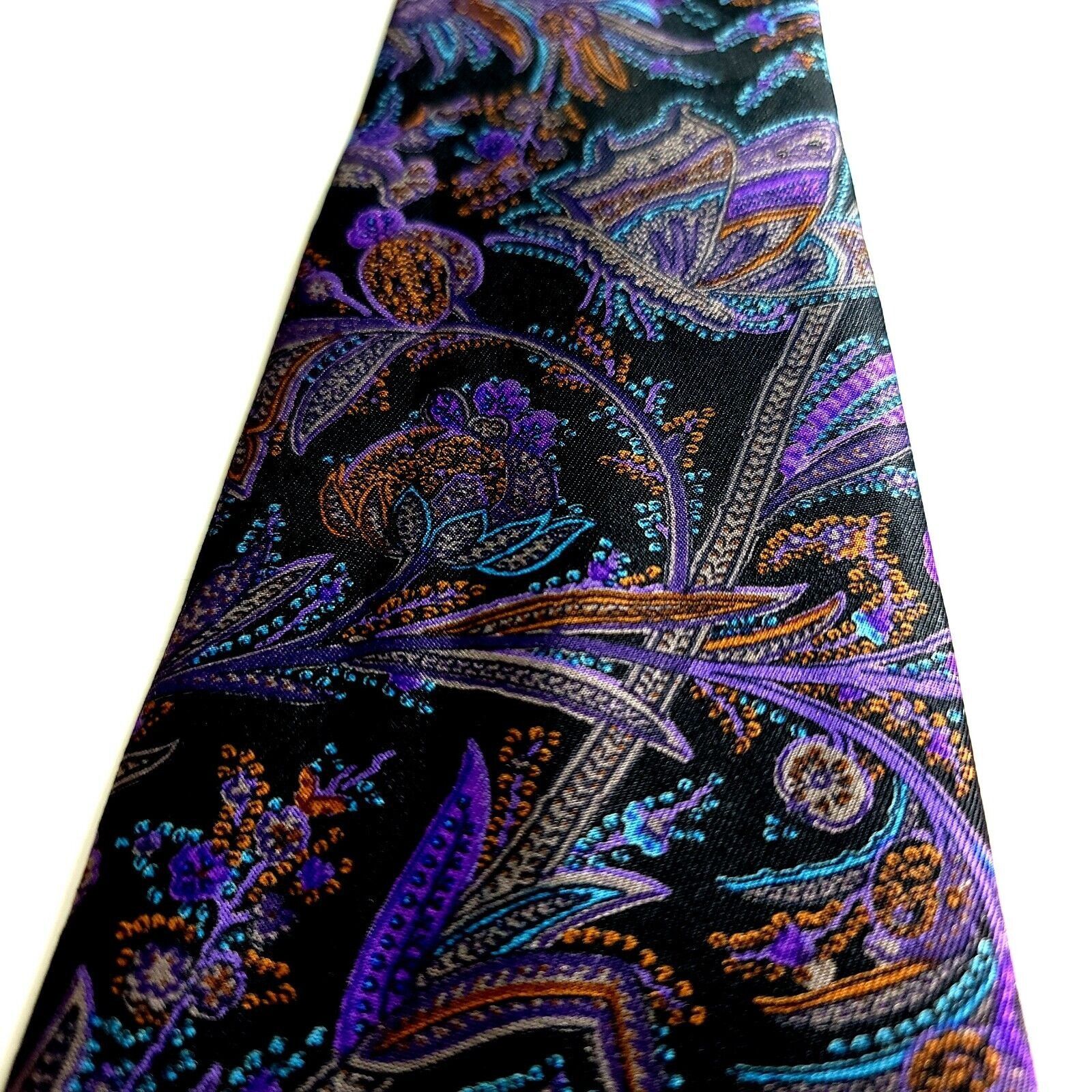 Designer Harve Benard Black Purple Floral Paisley Print Short Silk Ti Size ONE SIZE - 2 Thumbnail