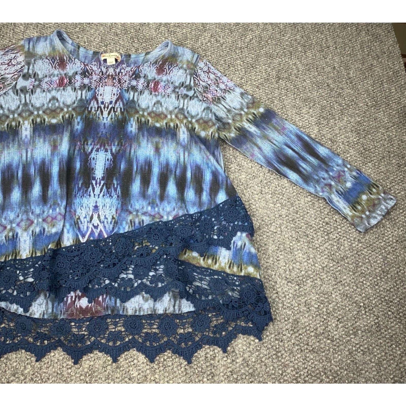 Vintage World Unity Shirt 1X Blue Bohemian Hippie Tie Dye Lace Geometric 3/4 Sleeve Round Neck Pullover Blouse Tunic Women Size XL / US 12-14 / IT 48-50 - 3 Thumbnail