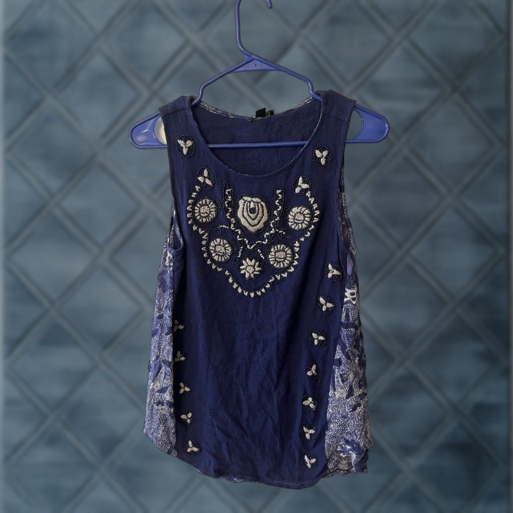 Lucky Brand Lucky Brand Tank Shaped Sleeve Vest Adult Small Blue Floral Beaded Embroidered Bohemian Casual Sleeveless Cotton Modal Women S Size S / US 4 / IT 40 - 1 Thumbnail