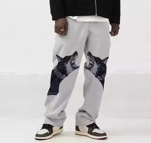 image of Vintage Japanese Dogs Print Pants in White, Men's (Size 34)