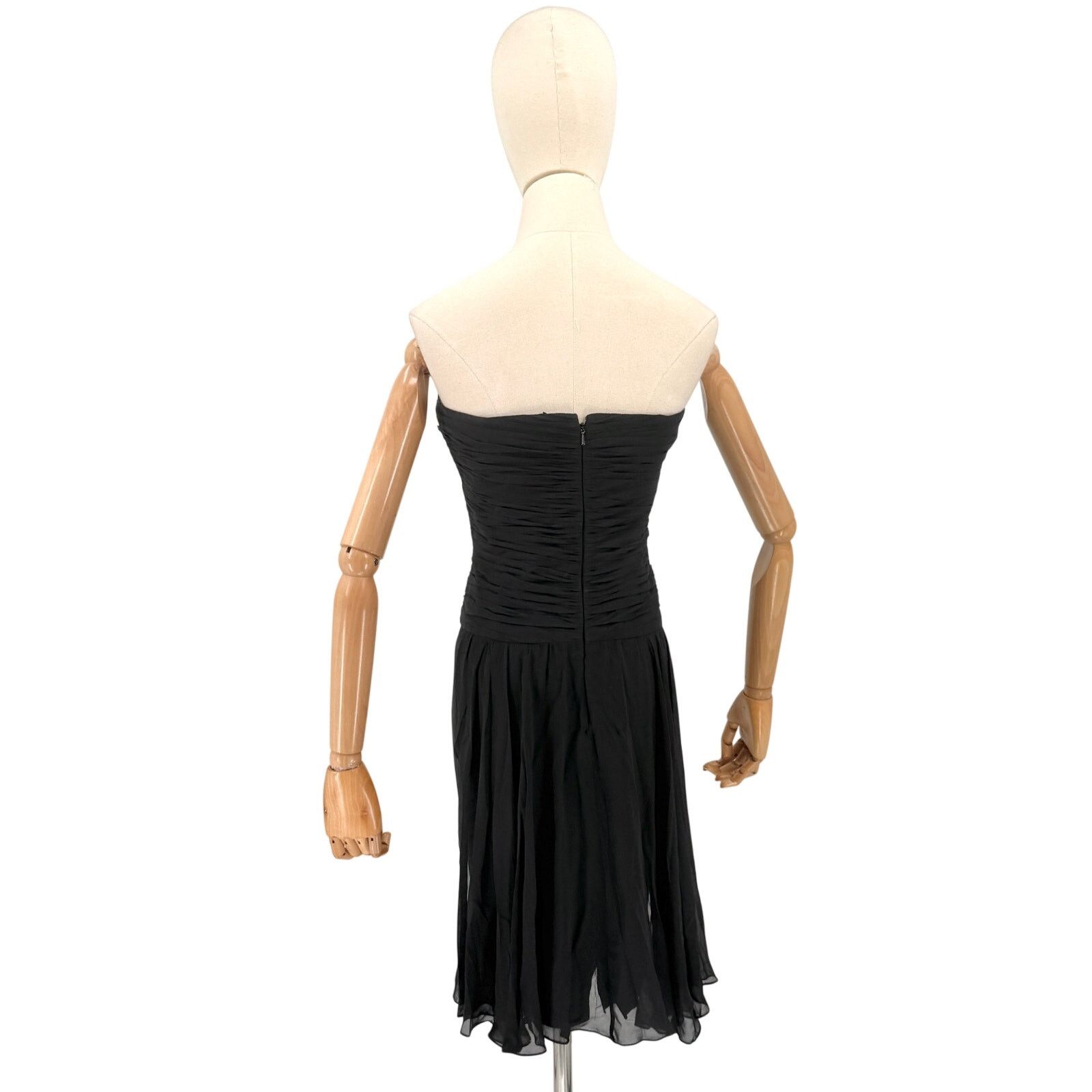 Vintage Vintage 90s Black 100% Silk Ruched Strapless Midi Dress Size L / US 10 / IT 46 - 4 Thumbnail