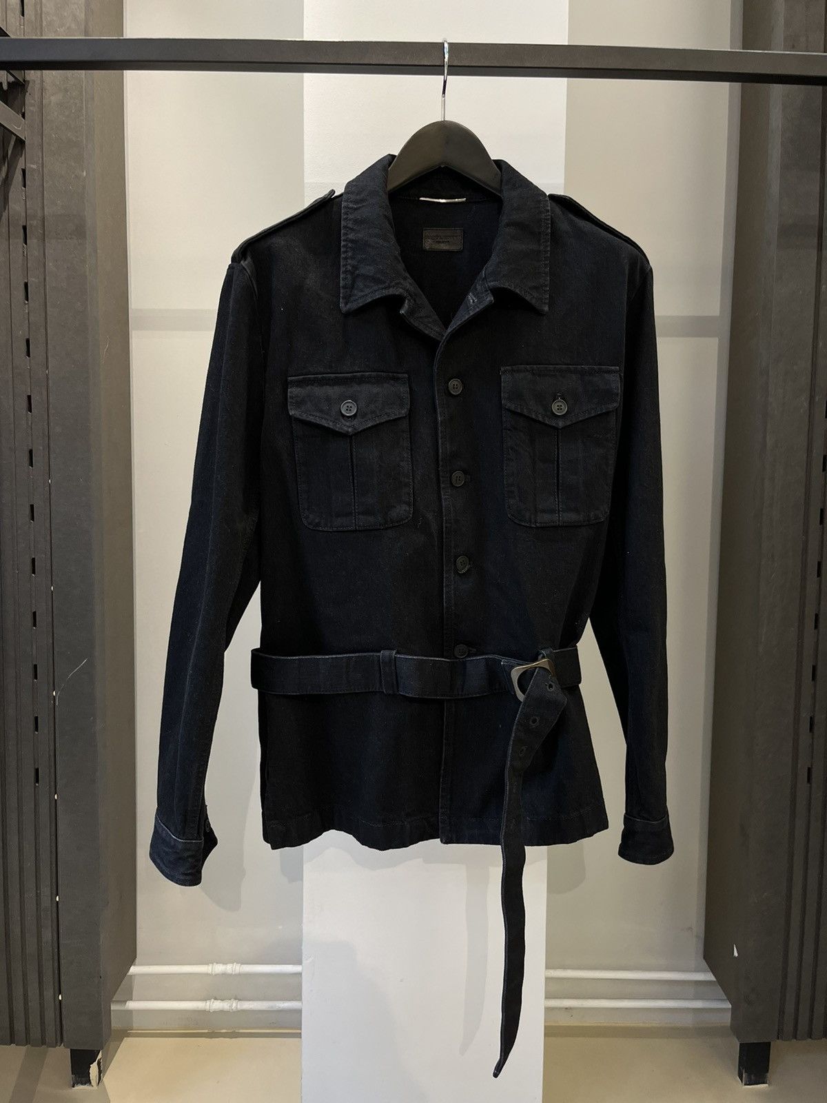 image of Saint Laurent Paris 2018 Military Belted Denim Jacket in Black, Men's (Size Medium)