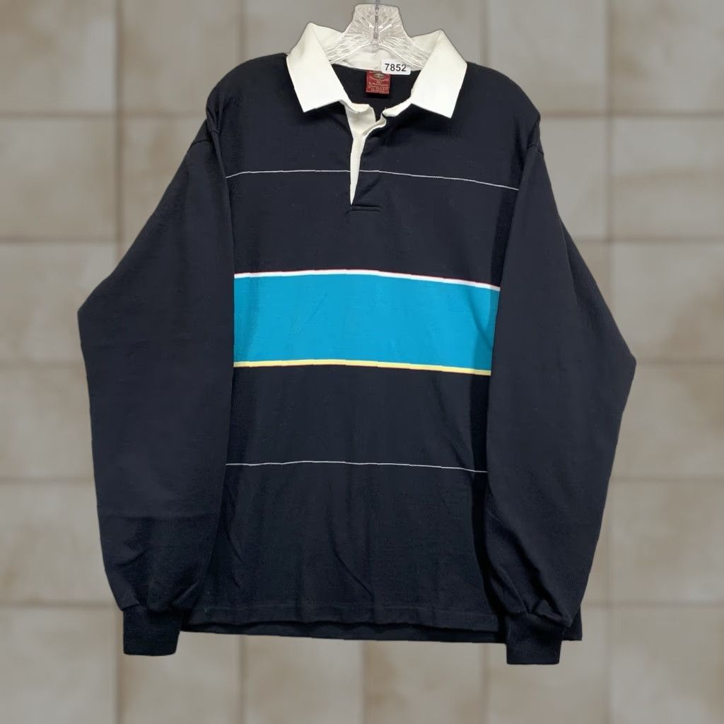 Vintage VINTAGE Northwestern Knitting Company Polo Rugby Shirt XL Black Turquoise Stripe Men Shirt Size US XL / EU 56 / 4 - 1 Thumbnail