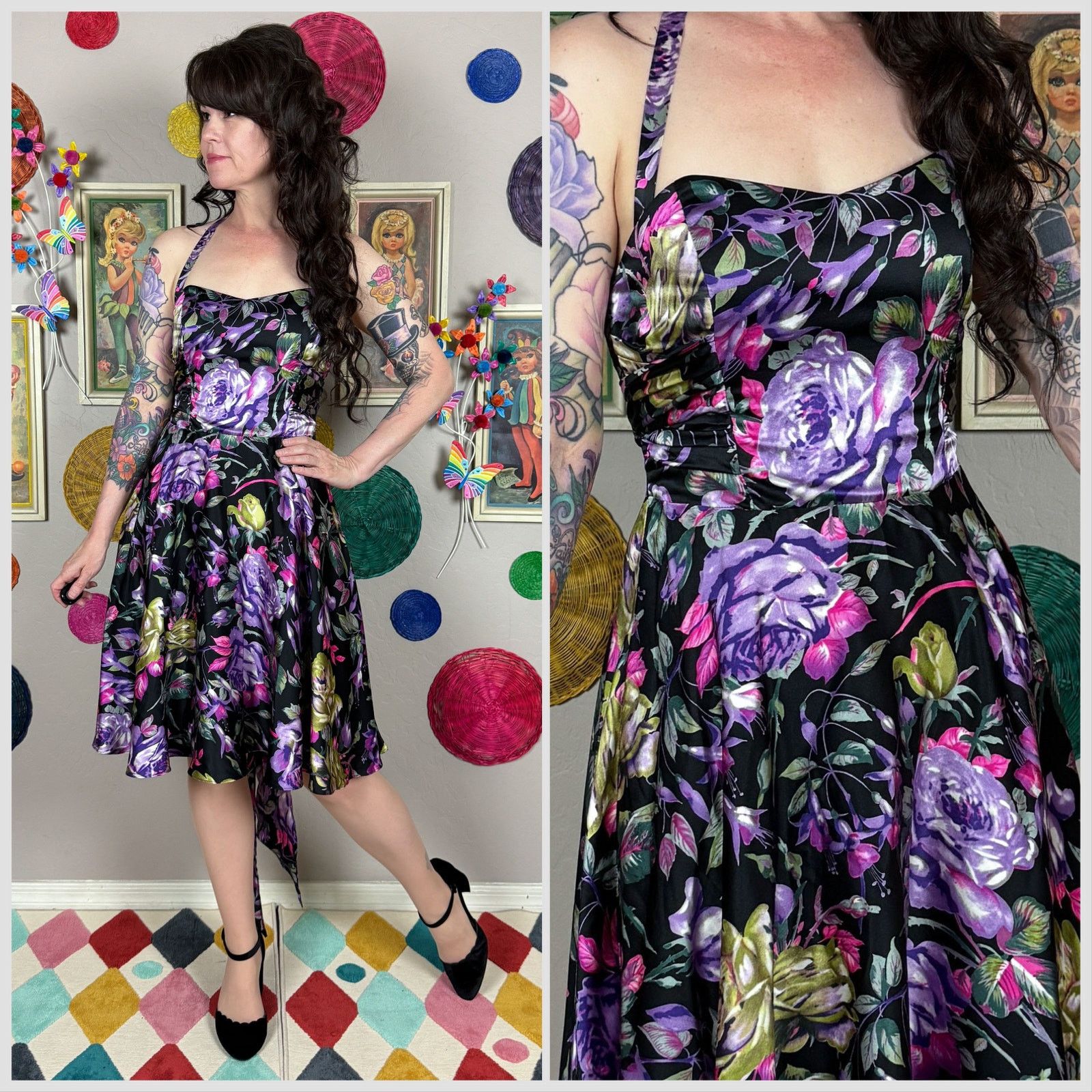 Vintage Vintage Y2K Black Garden Floral Silk Halter Dress Size S / US 4 / IT 40 - 1 Thumbnail