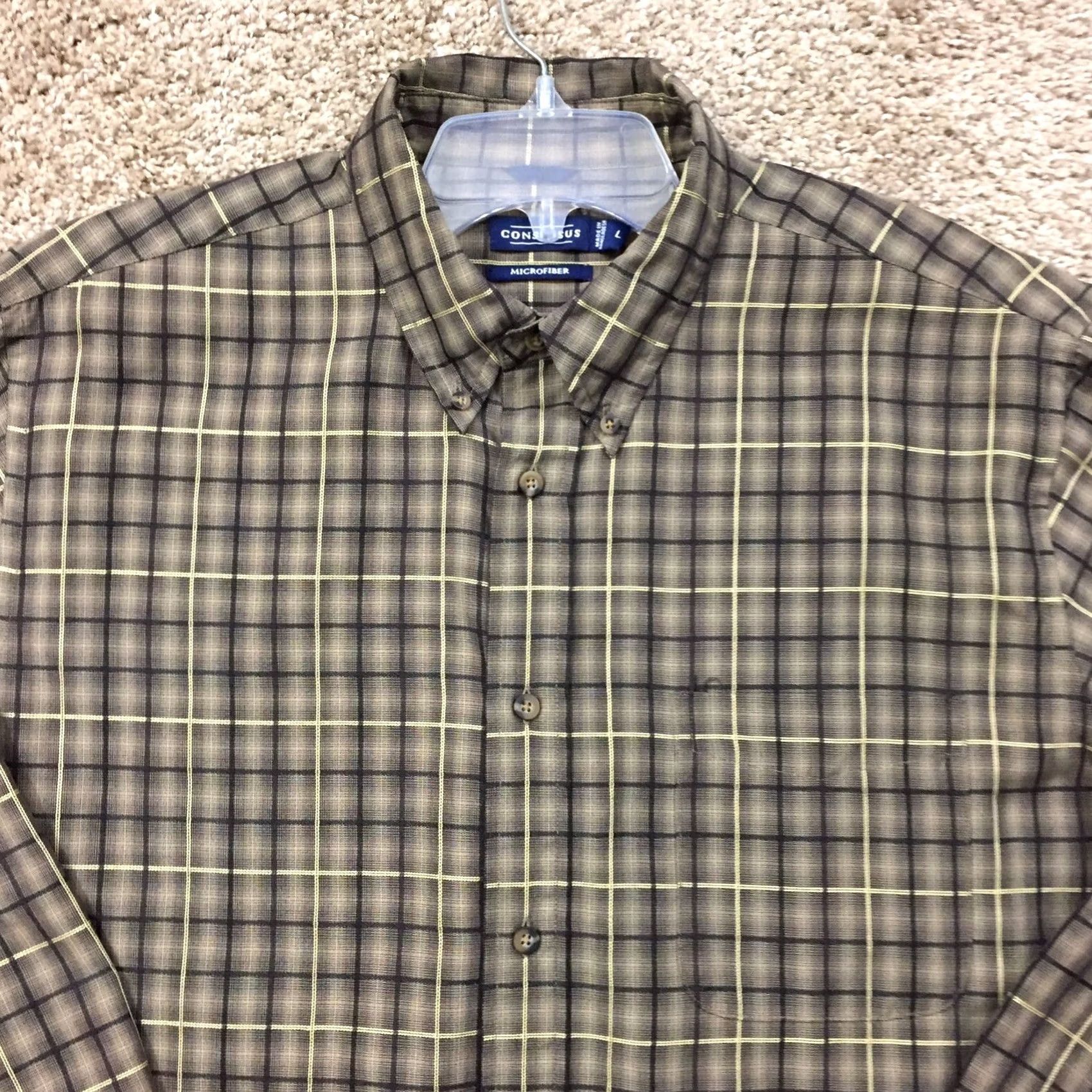 Vintage Consensus Shirt Mens Large Beige Black Plaid Long Sleeve Button Up Microfiber Size US L / EU 52-54 / 3 - 3 Thumbnail