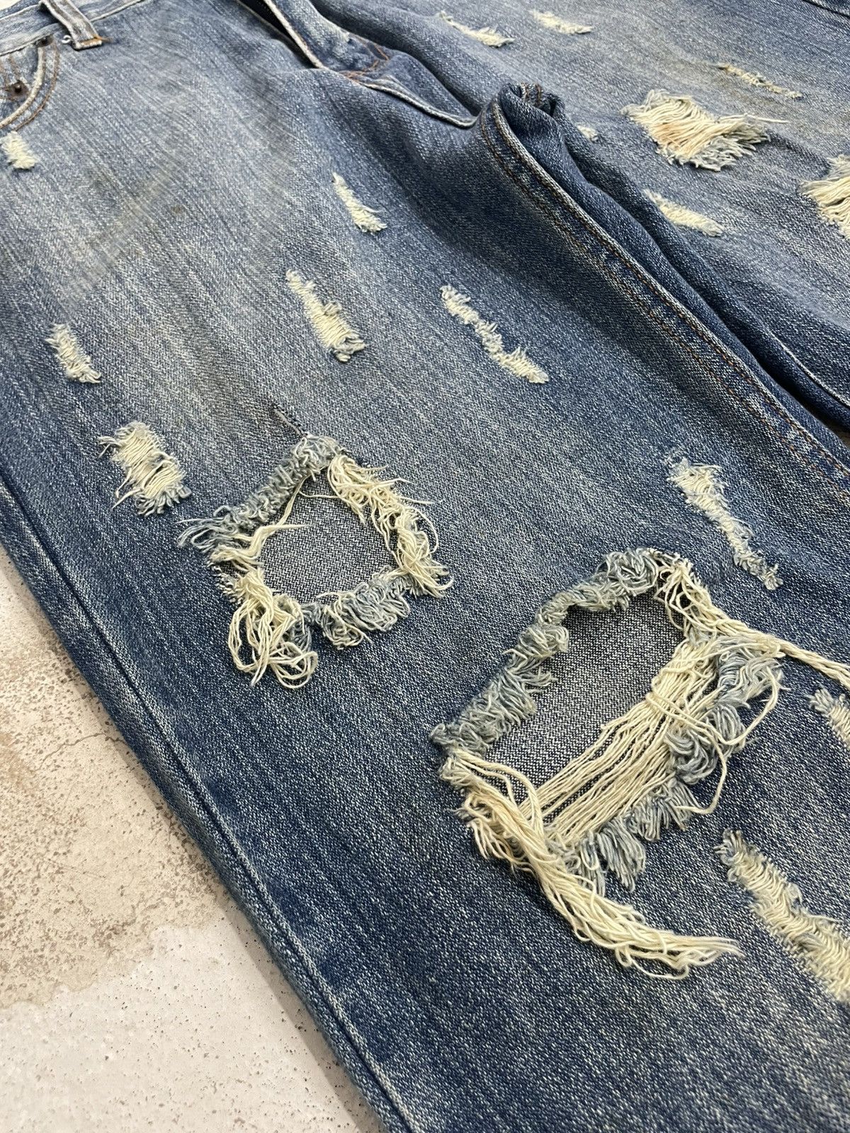Japanese Brand Nylaus Distressed Rusty Denim Heavy Stitching Font Y2K Size US 32 / EU 48 - 8 Thumbnail