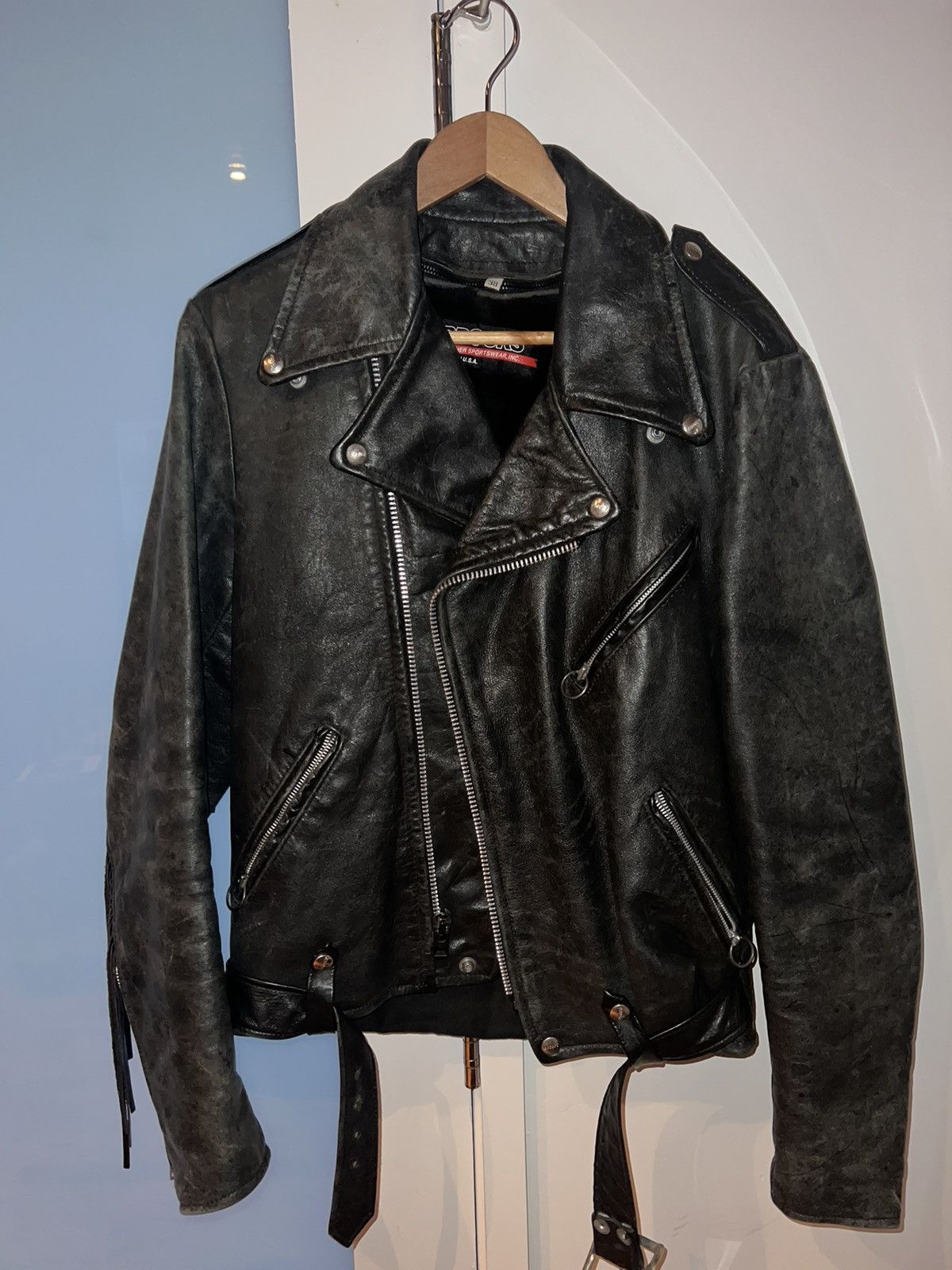 image of Brooks Leather Fringed Biker Jacket in Black, Men's (Size Medium)