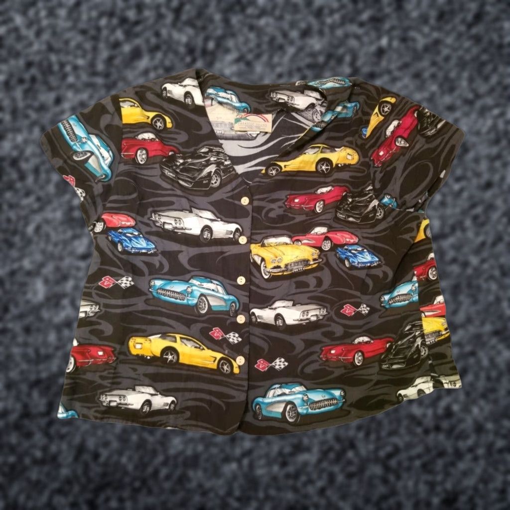 Paradise VINTAGE Paradise Found Corvettes Hawaiian Shirt Men 2XL Short Sleeve Collared Button-Up All Over Print Black Cropped Mens Size US XXL / EU 58 / 5 - 1 Thumbnail